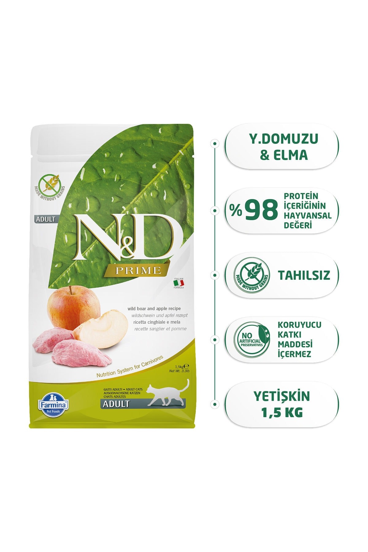 N&D Tahılsız Domuzlu ve Elmalı Yetişkin Kedi Maması 1.5 kg