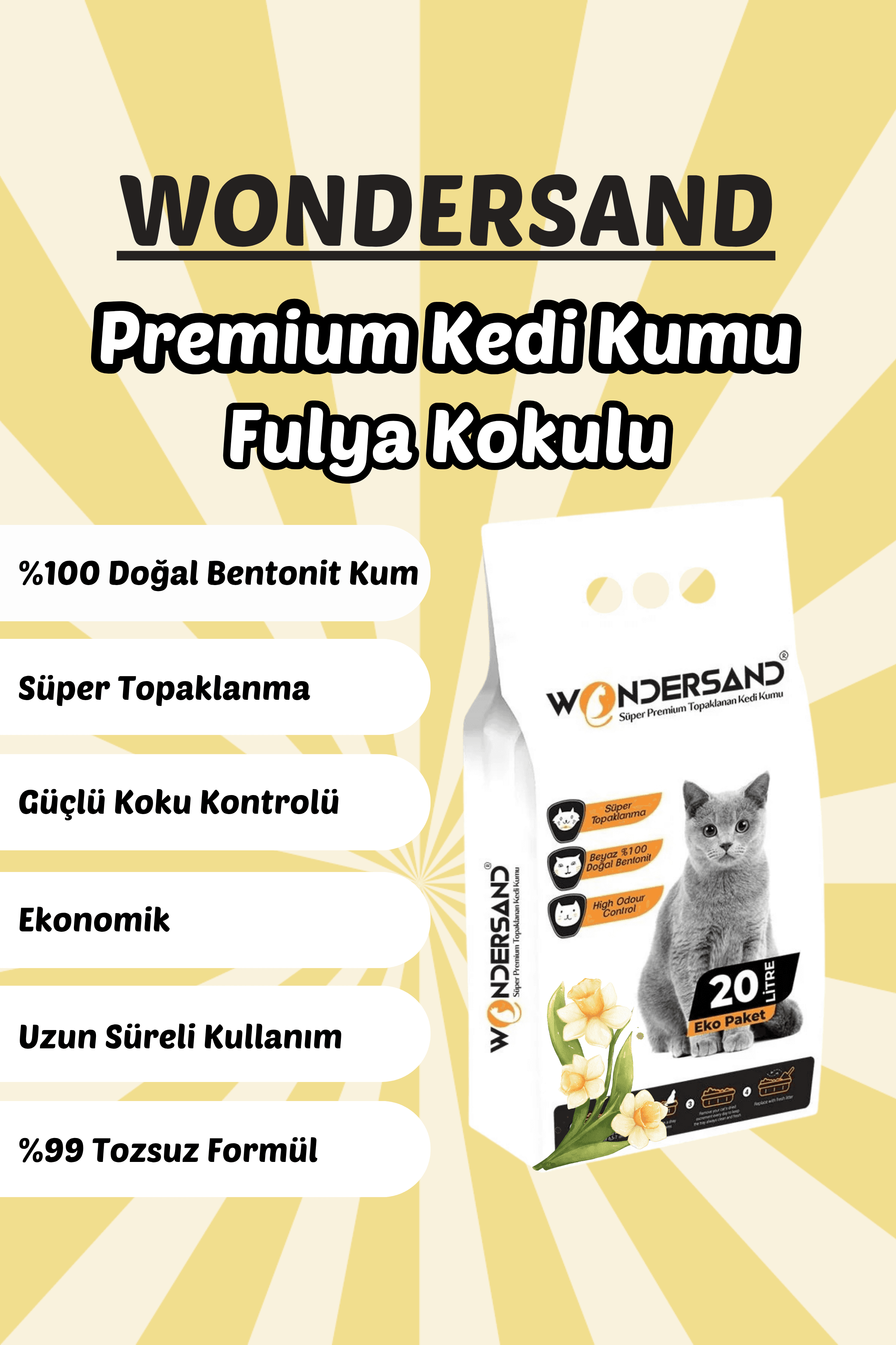 Wondersand 20 Lt Beyaz Bentonit İnce Tane FULYA Kokulu Süper Topaklanan Premium Kedi Kumu