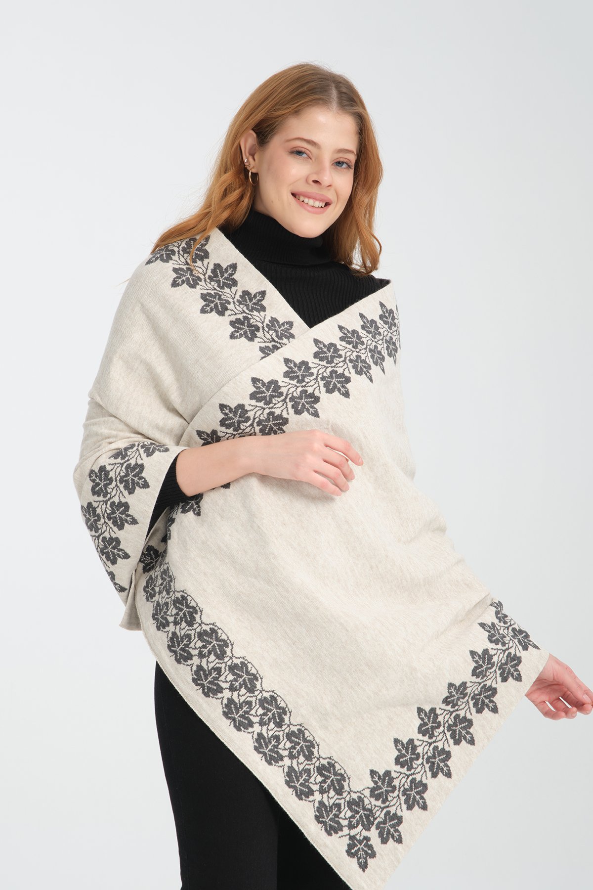 T-Crazy Knitwear Sarmaşık Desen Kışlık Triko Şal, Çift Katlı ve Çift Taraflı Triko Örme Omuz Şalı