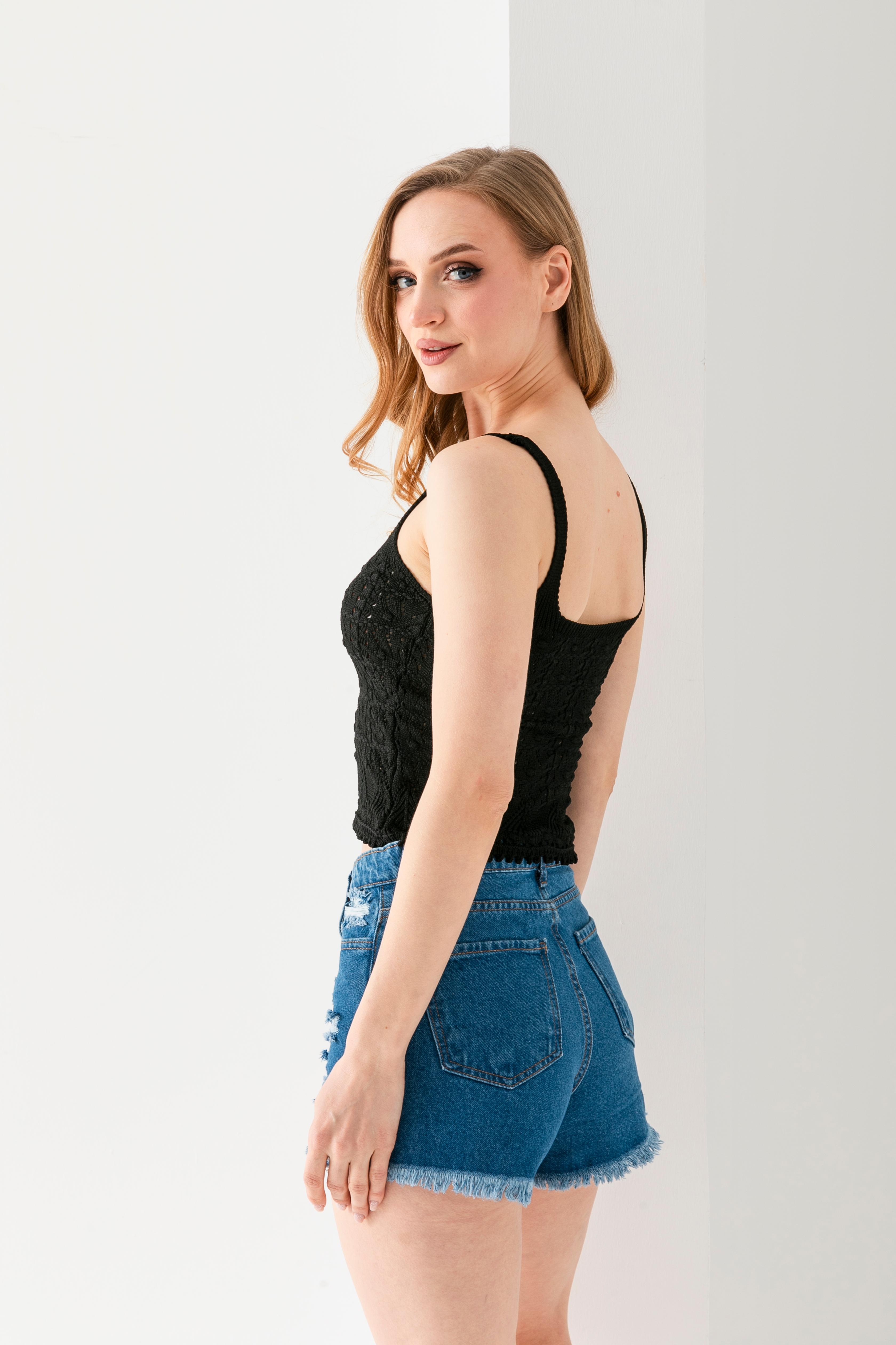 T-Crazy Vintage Desen Askılı Şık Crop, Nefes Alabilir Dokuma Crop, Kısa Dokuma Bluz, Triko Crop Top.