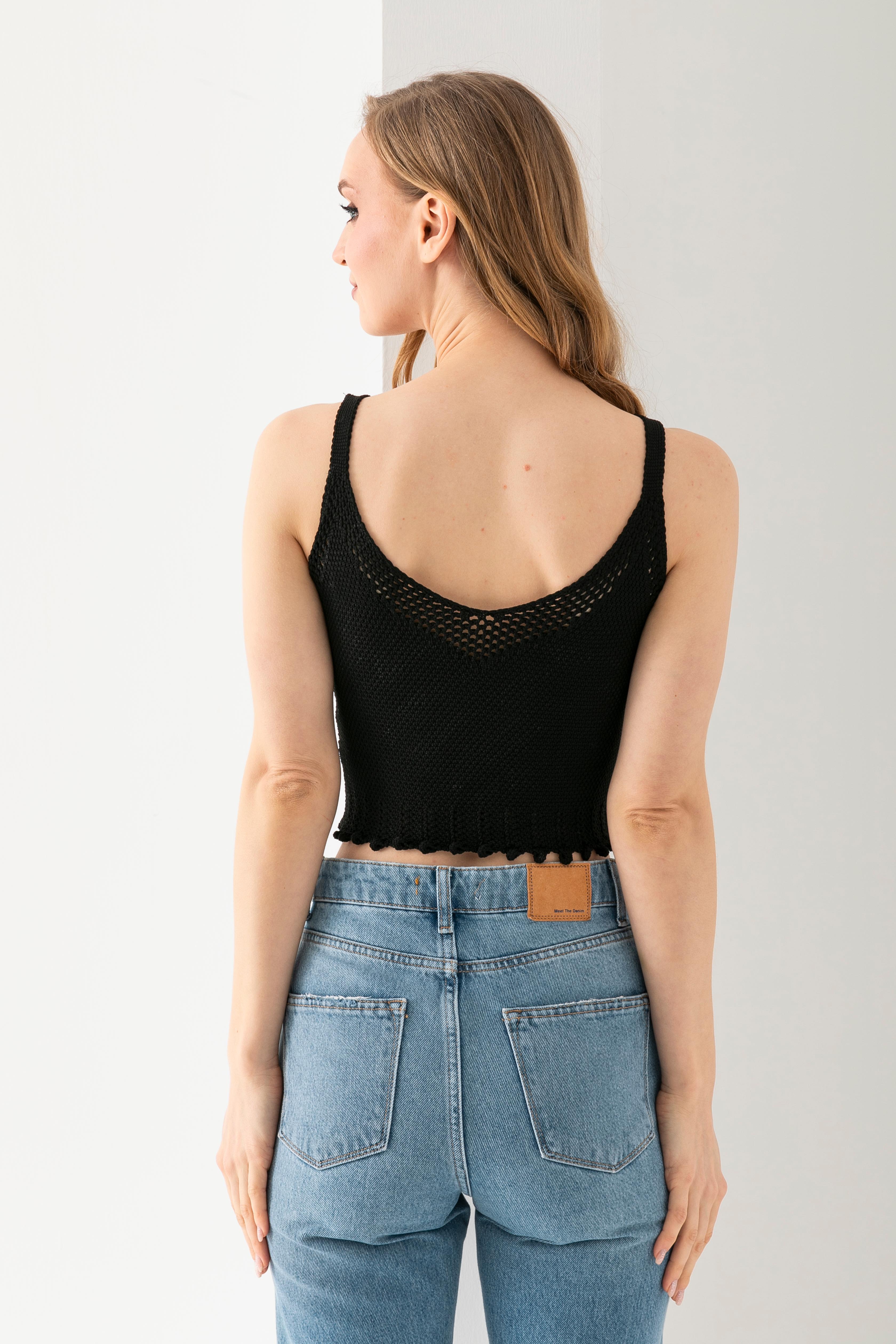 T-Crazy Düz Renk Askılı Şık Crop, Nefes Alabilir Dokuma Crop, Kısa Dokuma Bluz, Triko Crop Top.