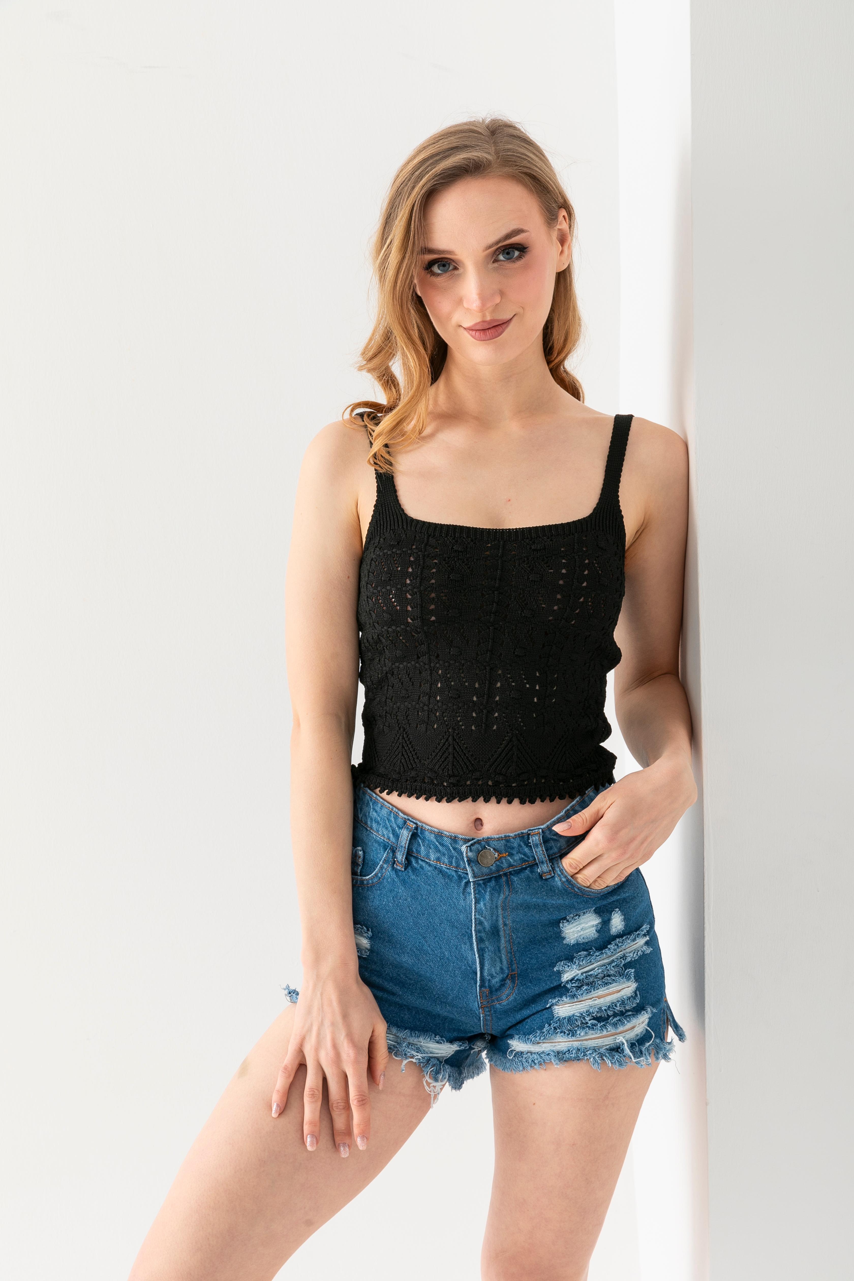 T-Crazy Vintage Desen Askılı Şık Crop, Nefes Alabilir Dokuma Crop, Kısa Dokuma Bluz, Triko Crop Top.