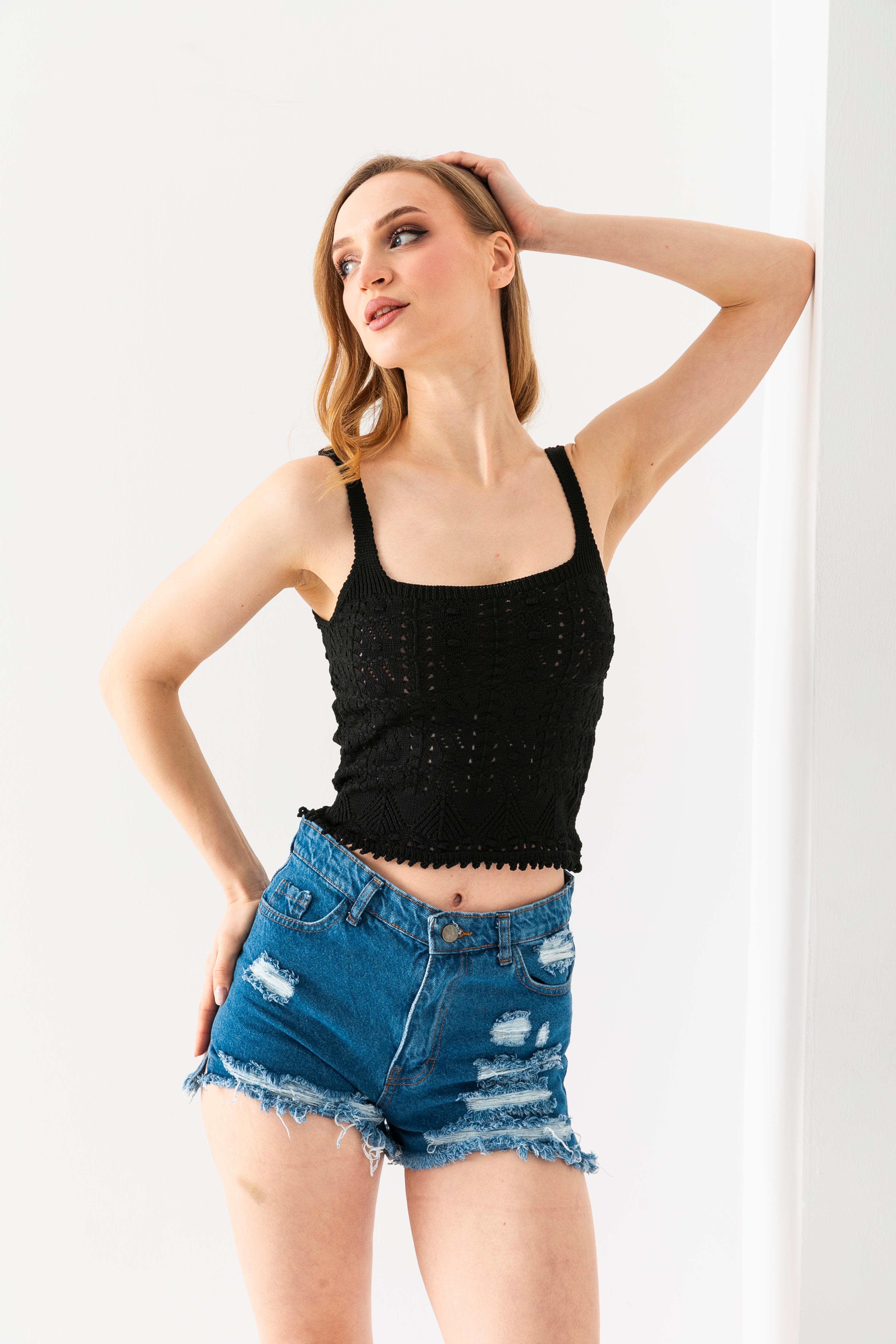 T-Crazy Vintage Desen Askılı Şık Crop, Nefes Alabilir Dokuma Crop, Kısa Dokuma Bluz, Triko Crop Top.