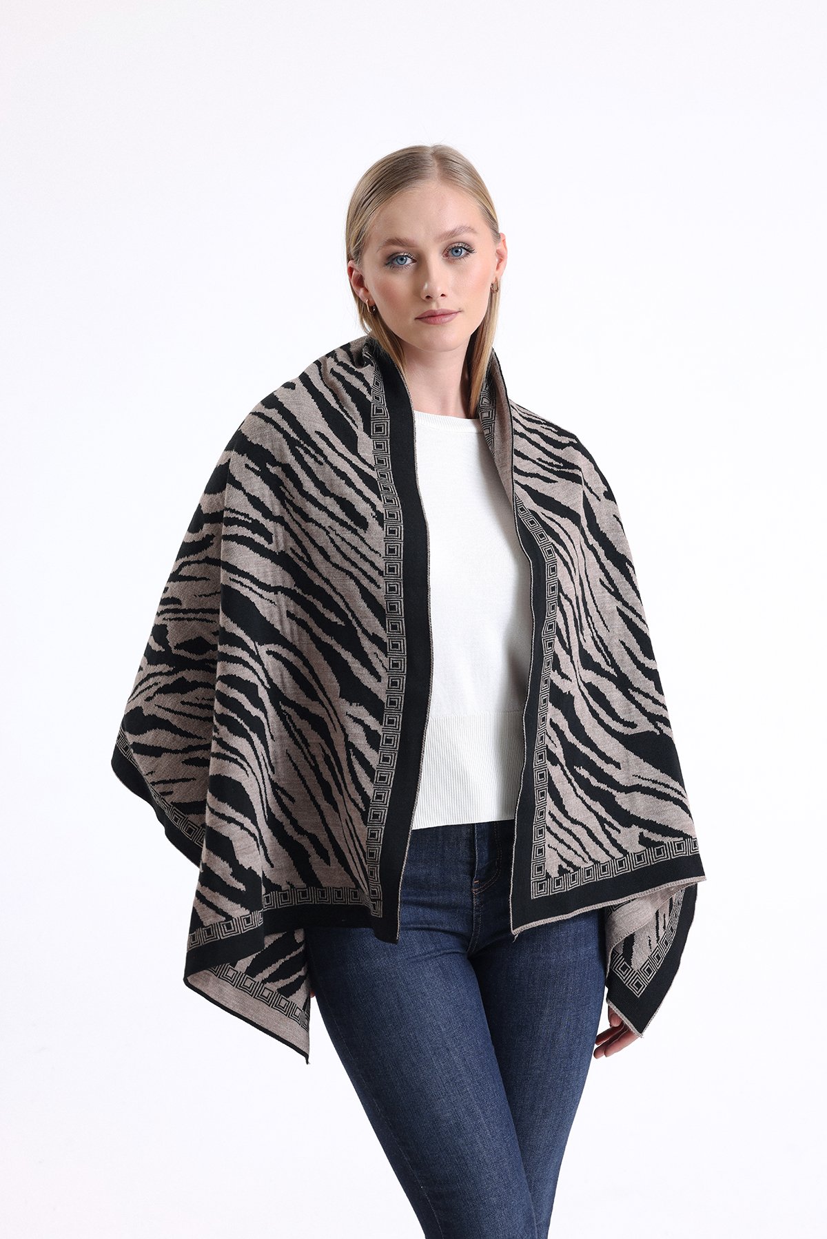 T-Crazy Knitwear Zebra Desen Kışlık Triko Şal, Çift Katlı ve Çift Taraflı Triko Örme Omuz Şalı