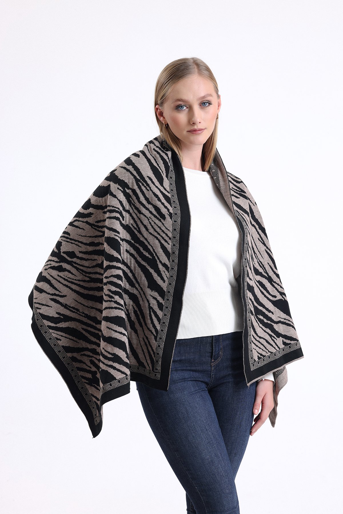 T-Crazy Knitwear Zebra Desen Kışlık Triko Şal, Çift Katlı ve Çift Taraflı Triko Örme Omuz Şalı