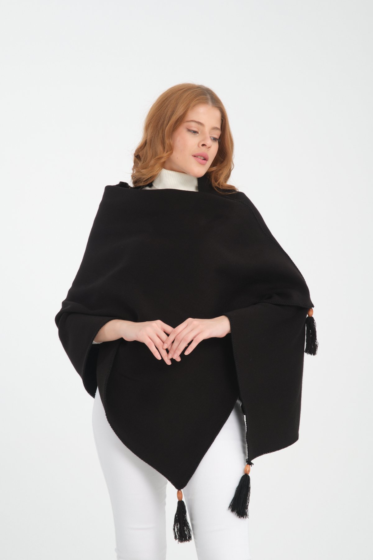 T-Crazy Knitwear Kenarları Dikişli Düz Renk Püsküllü Kışlık Triko Şal, Triko Örme Omuz Şalı