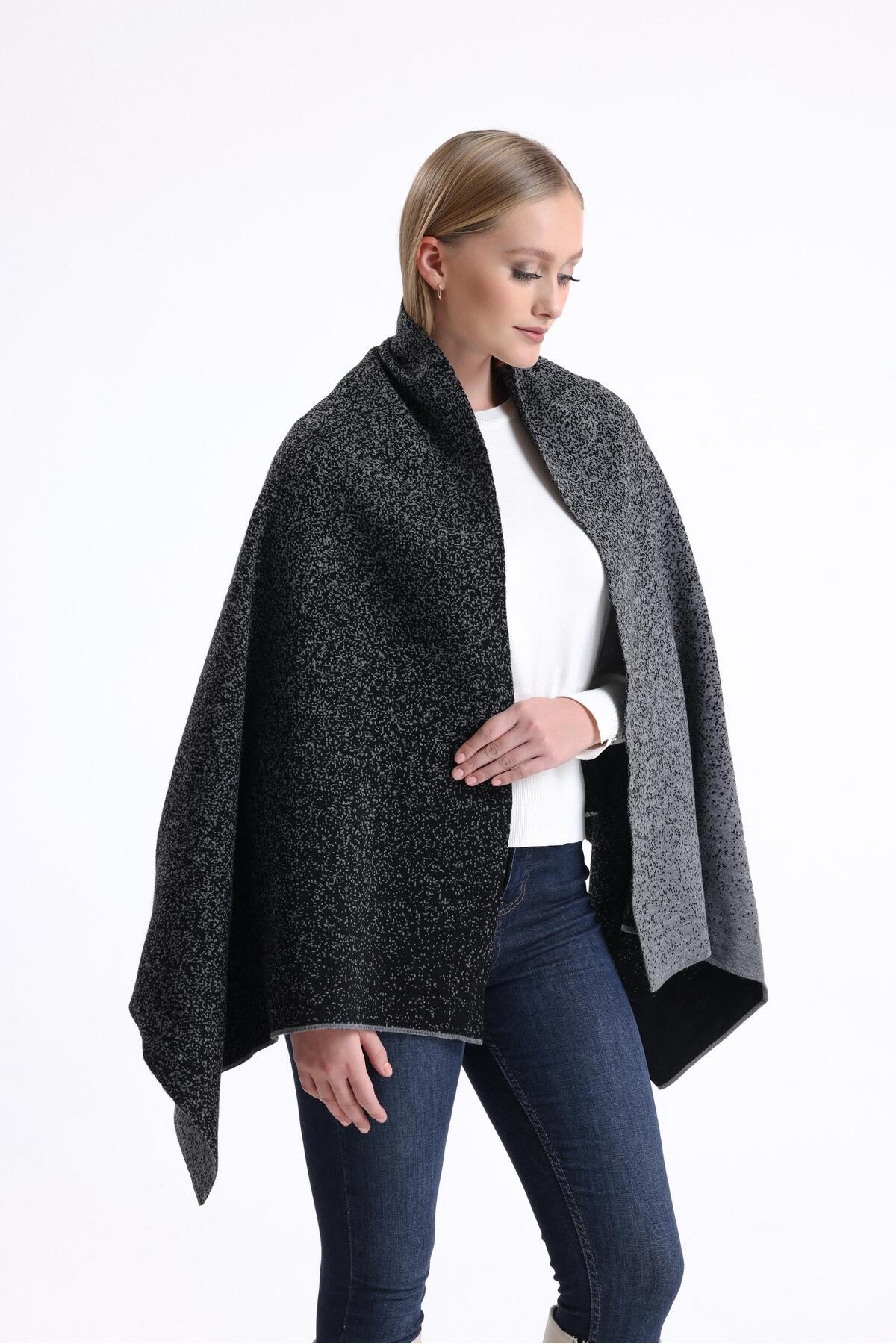 T-Crazy Knitwear Degrade Desen Çift Katlı ve Çift Yüzlü Triko Örme Omuz Şalı