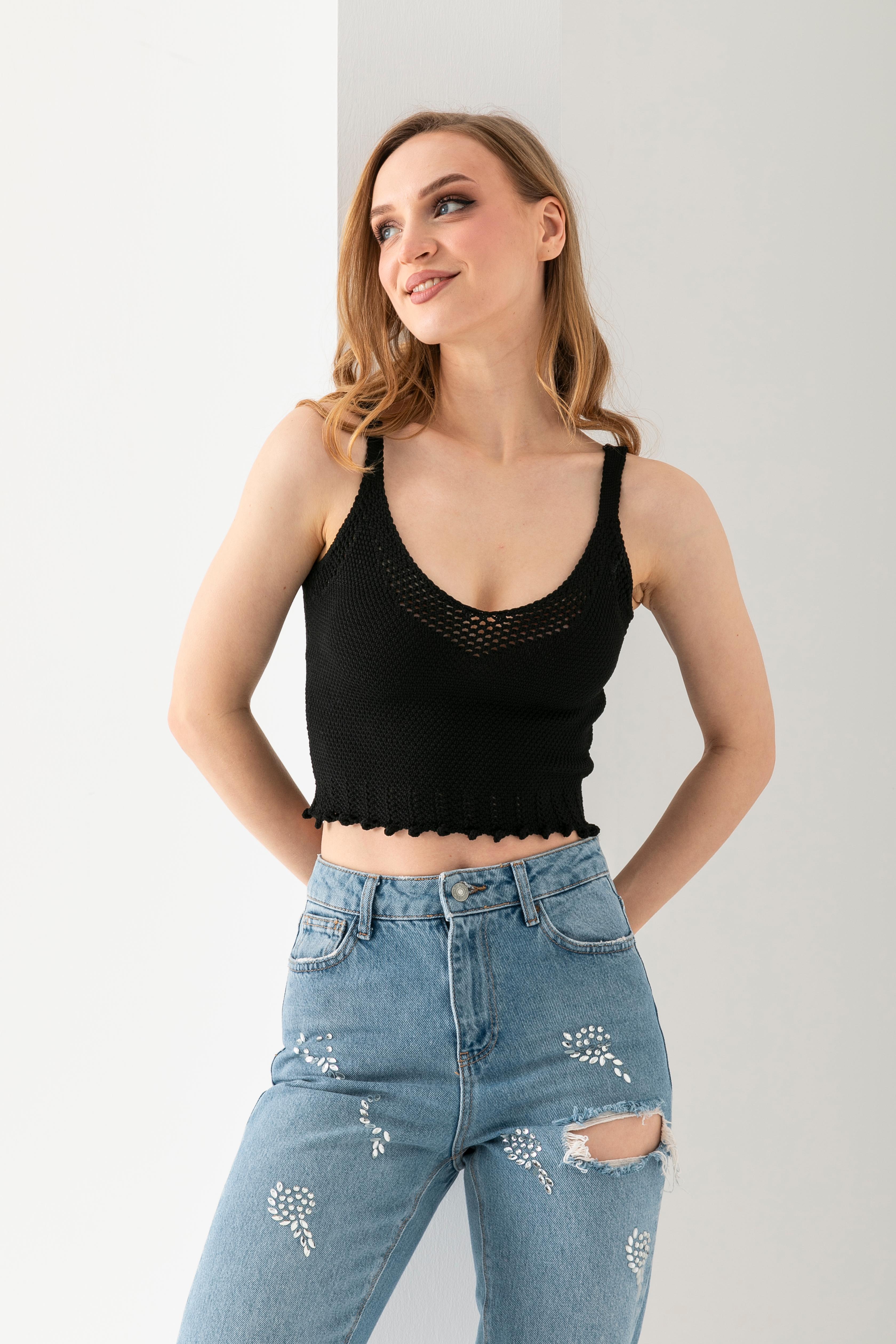 T-Crazy Düz Renk Askılı Şık Crop, Nefes Alabilir Dokuma Crop, Kısa Dokuma Bluz, Triko Crop Top.