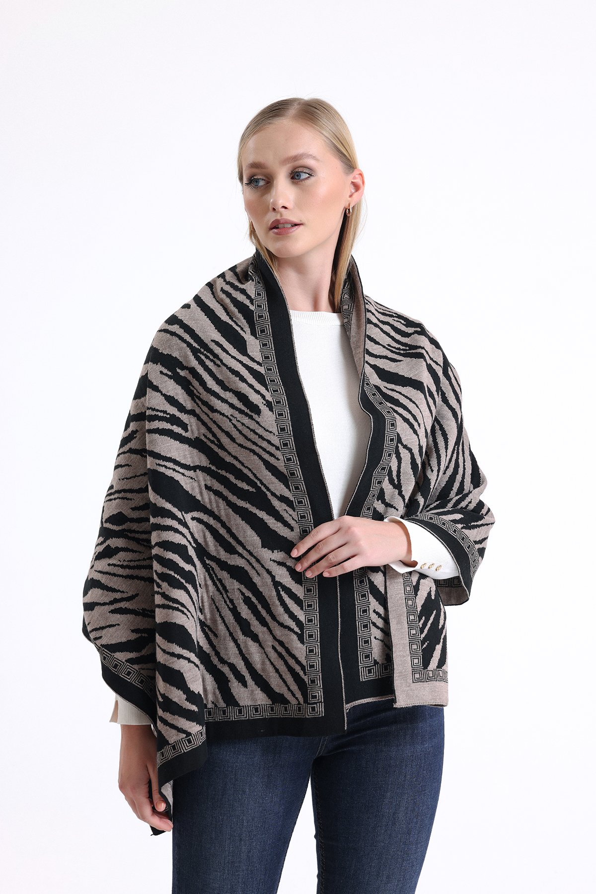 T-Crazy Knitwear Zebra Desen Kışlık Triko Şal, Çift Katlı ve Çift Taraflı Triko Örme Omuz Şalı
