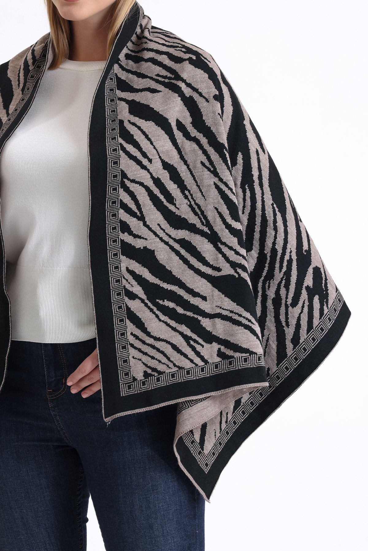 T-Crazy Knitwear Zebra Desen Kışlık Triko Şal, Çift Katlı ve Çift Taraflı Triko Örme Omuz Şalı