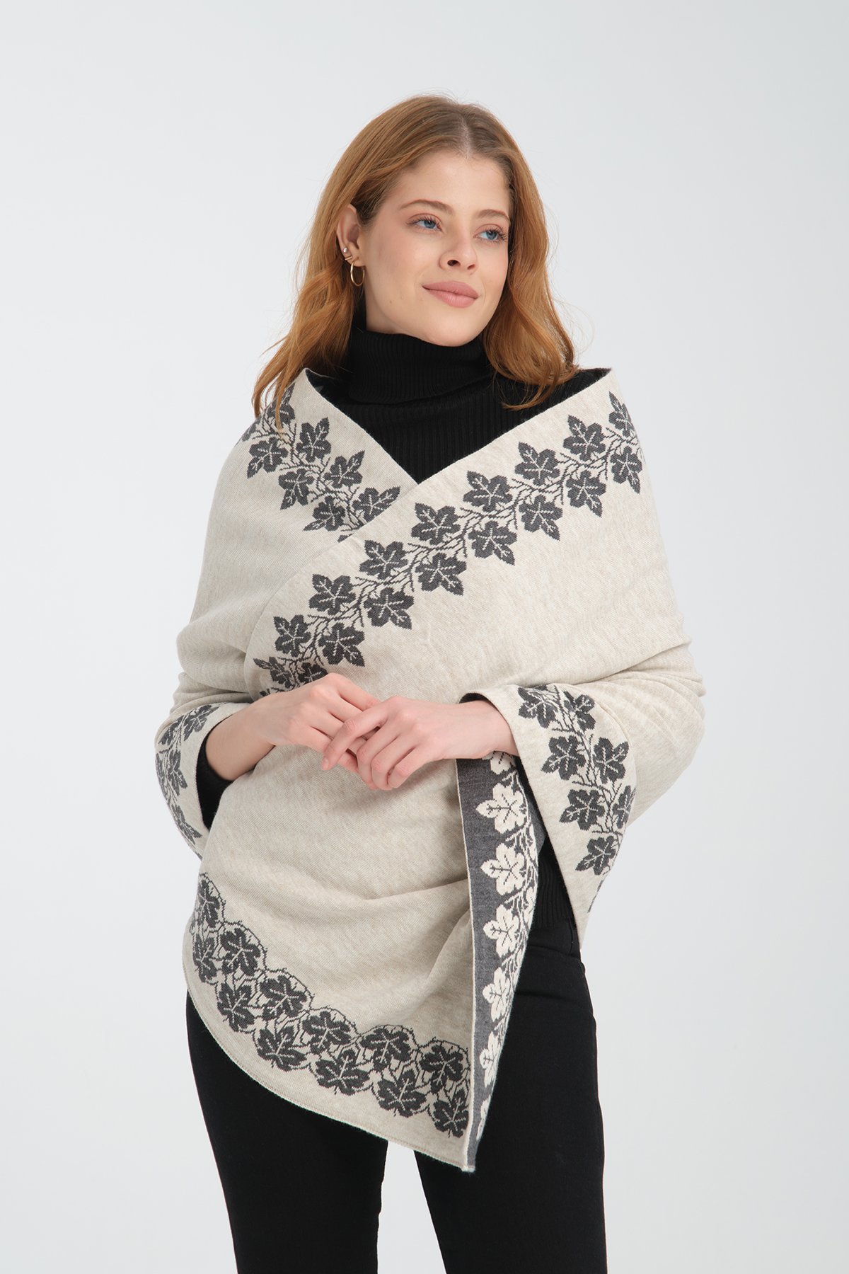 T-Crazy Knitwear Sarmaşık Desen Kışlık Triko Şal, Çift Katlı ve Çift Taraflı Triko Örme Omuz Şalı