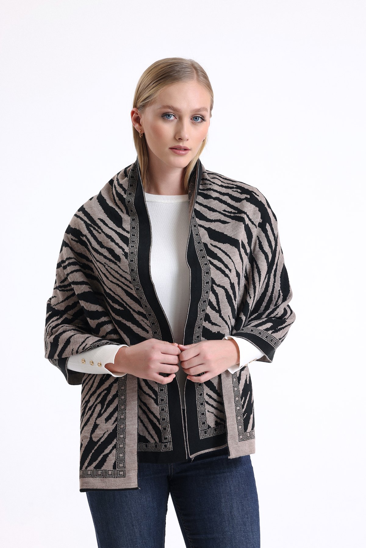 T-Crazy Knitwear Zebra Desen Kışlık Triko Şal, Çift Katlı ve Çift Taraflı Triko Örme Omuz Şalı