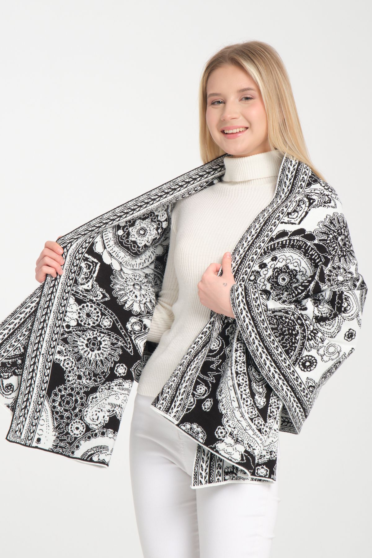 T-Crazy Knitwear Etnik Desen Kışlık Triko Şal, Çift Katlı ve Çift Taraflı Triko Örme Omuz Şalı