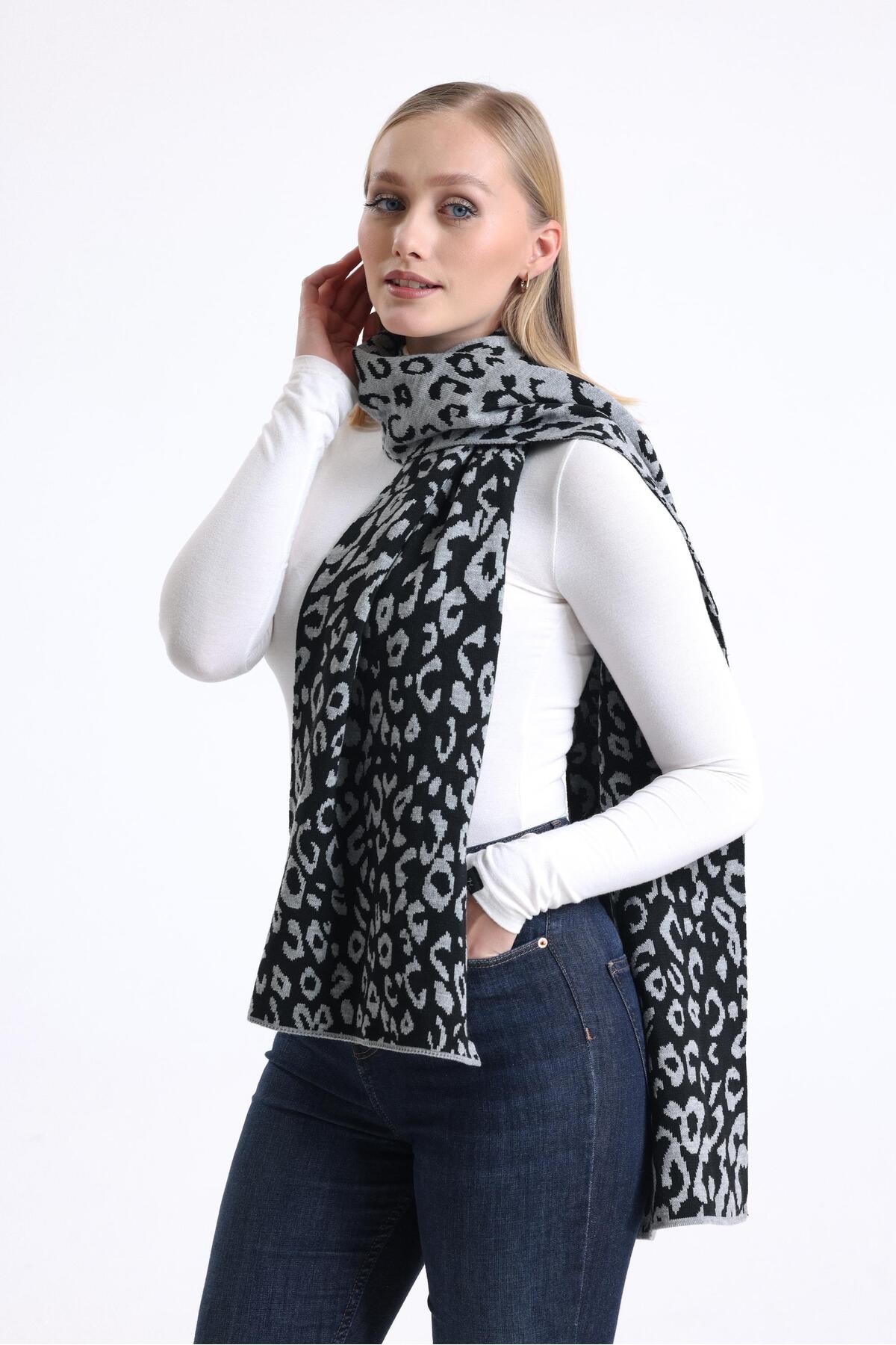 T-Crazy Knitwear Leopar Çift Yüzlü Atkı, Kışlık Yumuşak Dokulu Kaşkol, Triko Örme Atkı