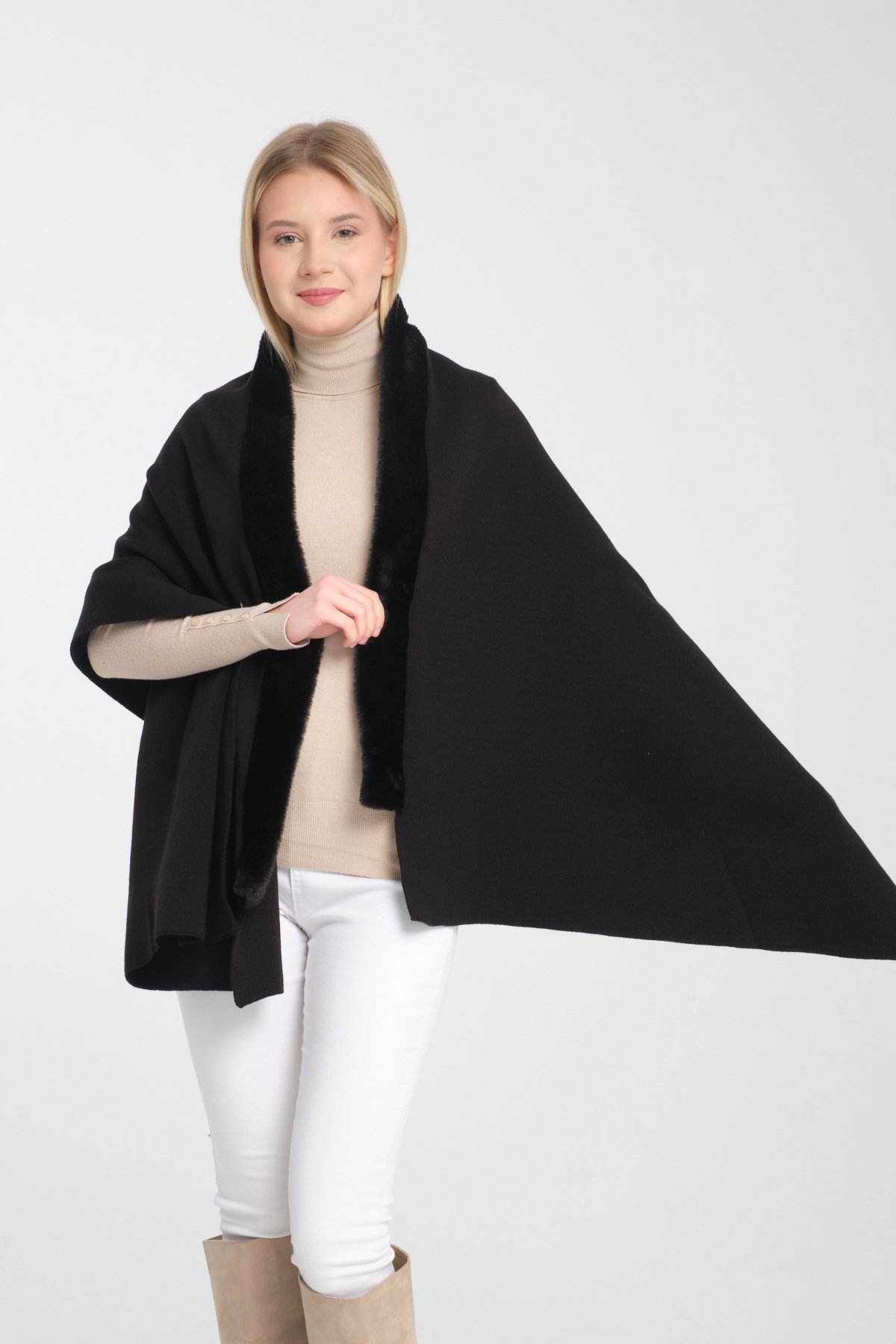 T- Crazy Knitwear Kürk Detaylı Düz Renk Triko Omuz Şalı, Kışlık Yumuşak Dokulu Triko Örme Omuz Şalı
