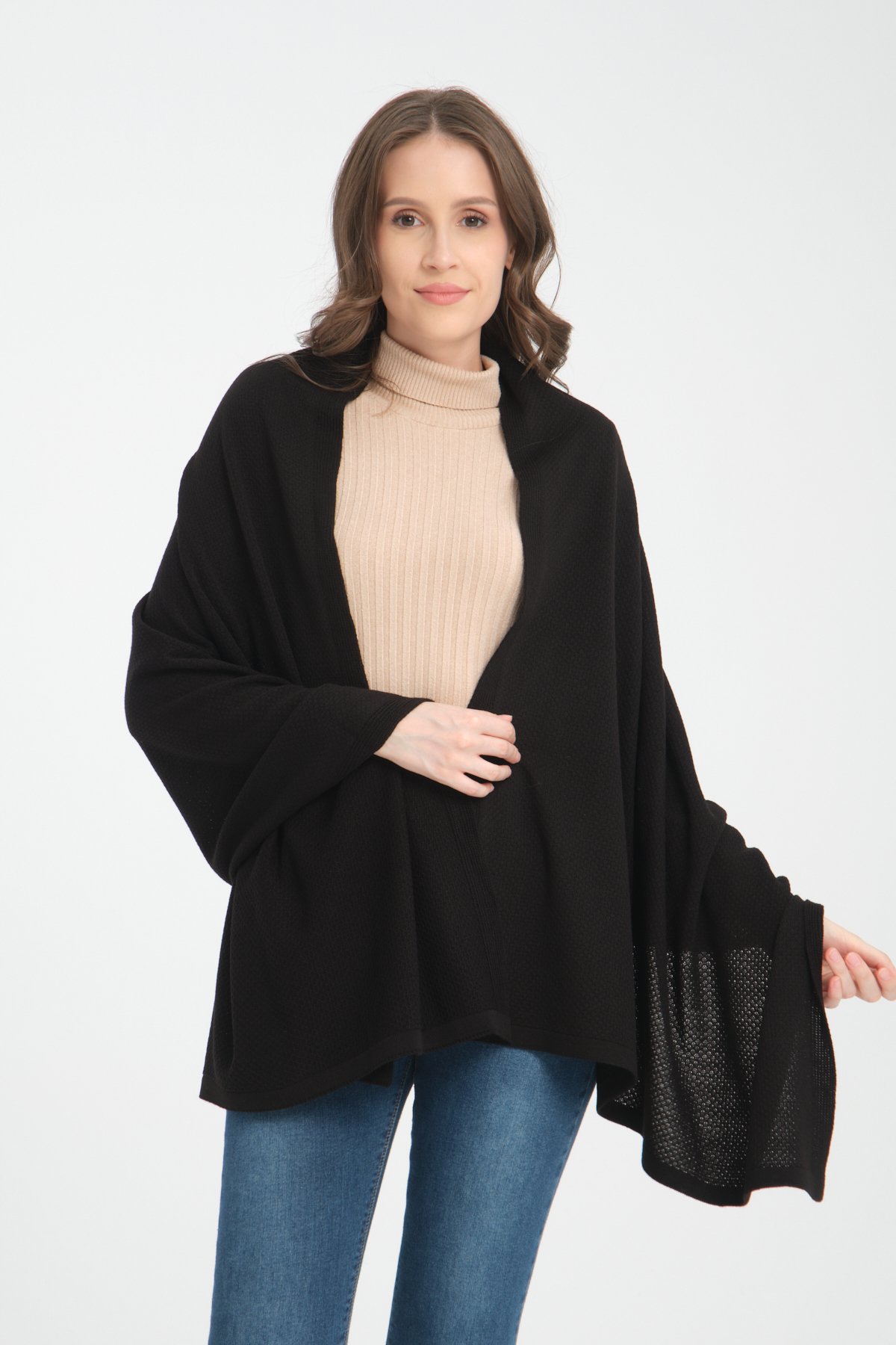 T- Crazy Knitwear Petek Desen Triko Omuz Şalı, Şık Yumuşak Dokulu Triko Örme Omuz Şalı