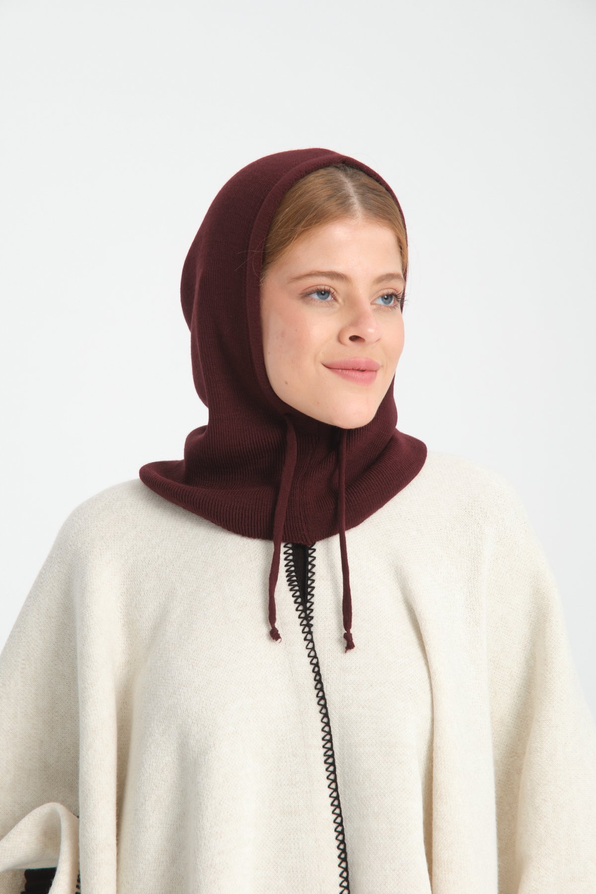 T-Crazy Knitwear İnce Dokuma Balaclava Fitilli Triko Örgü Kapüşonlu Bere, Tesettür Bere, Triko Başlık, Balaklava - Bordo