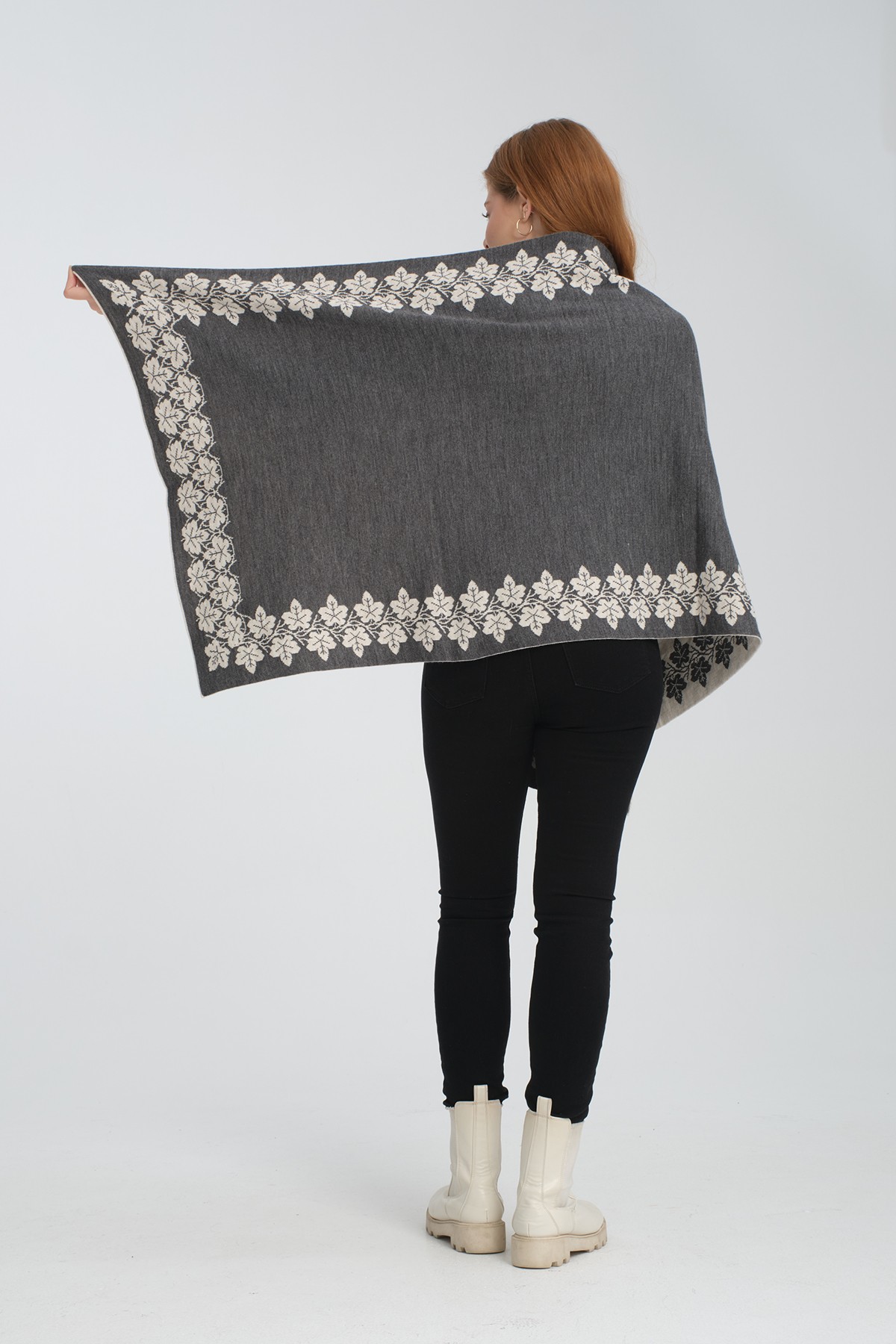 T-Crazy Knitwear Sarmaşık Desen Kışlık Triko Şal, Çift Katlı ve Çift Taraflı Triko Örme Omuz Şalı