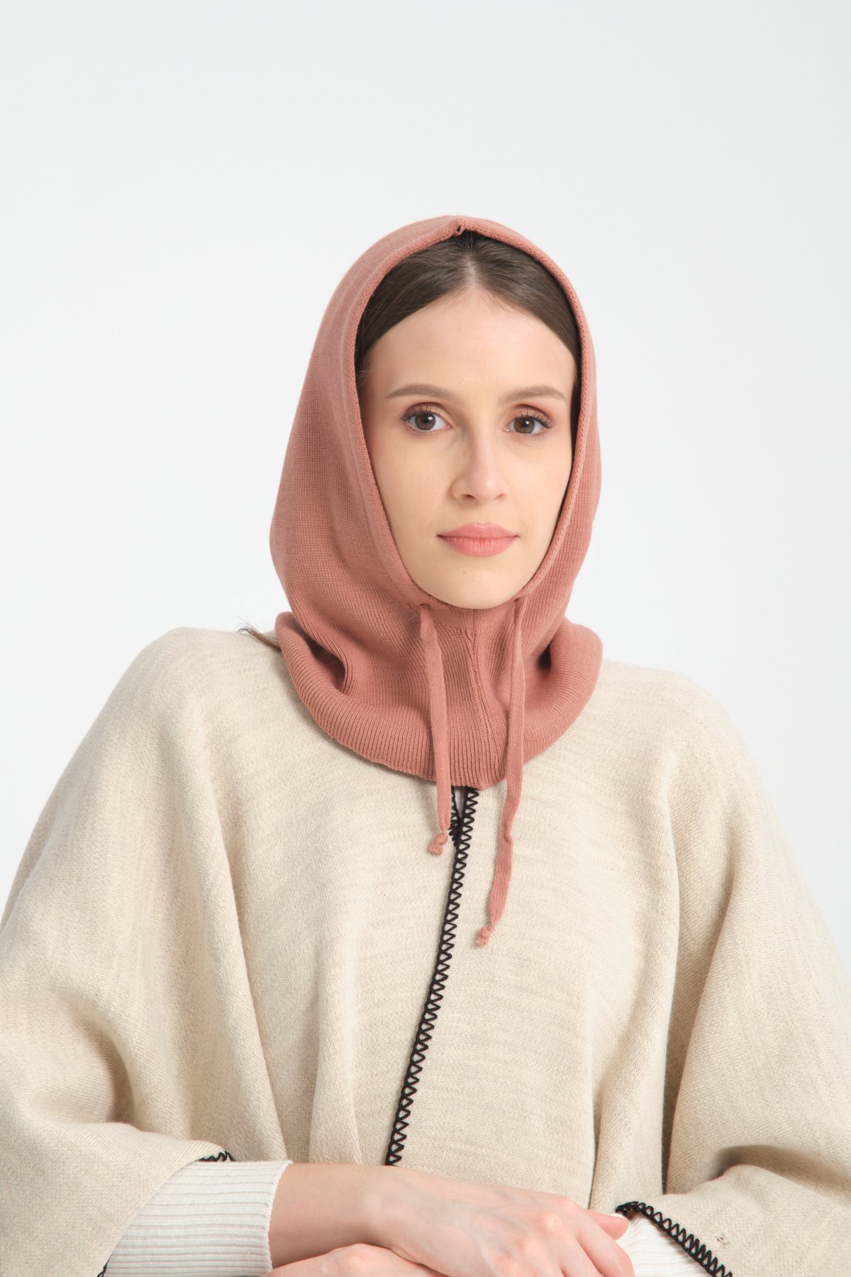 T-Crazy Knitwear İnce Dokuma Balaclava Fitilli Triko Örgü Kapüşonlu Bere, Tesettür Bere, Triko Başlık, Balaklava - Gül Kurusu