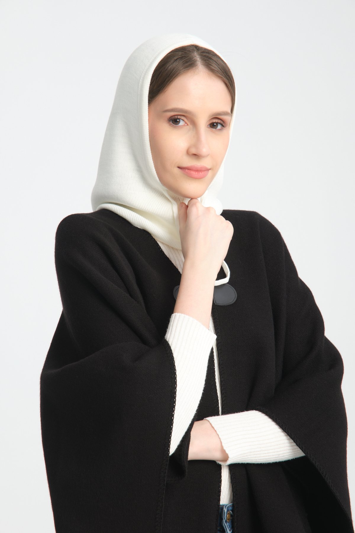 T-Crazy Knitwear İnce Dokuma Balaclava Fitilli Triko Örgü Kapüşonlu Bere, Tesettür Bere, Triko Başlık, Balaklava - Kırık Beyaz