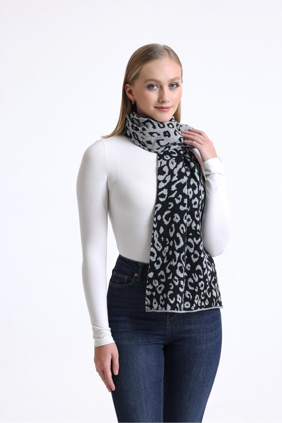 T-Crazy Knitwear Leopar Çift Yüzlü Atkı, Kışlık Yumuşak Dokulu Kaşkol, Triko Örme Atkı
