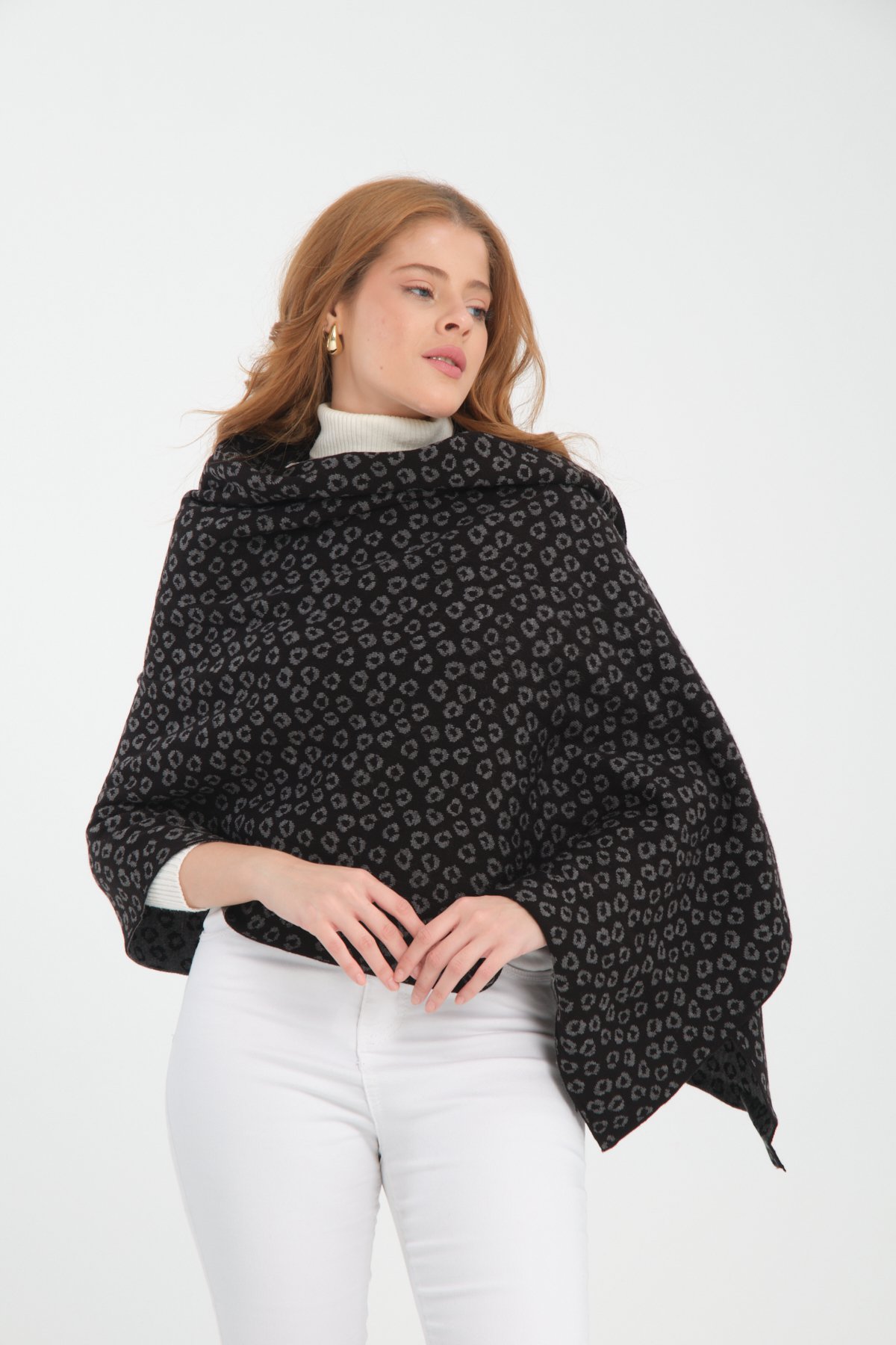 T-Crazy Knitwear Leopar Desen Kışlık Triko Şal, Çift Katlı ve Çift Taraflı Triko Örme Omuz Şalı