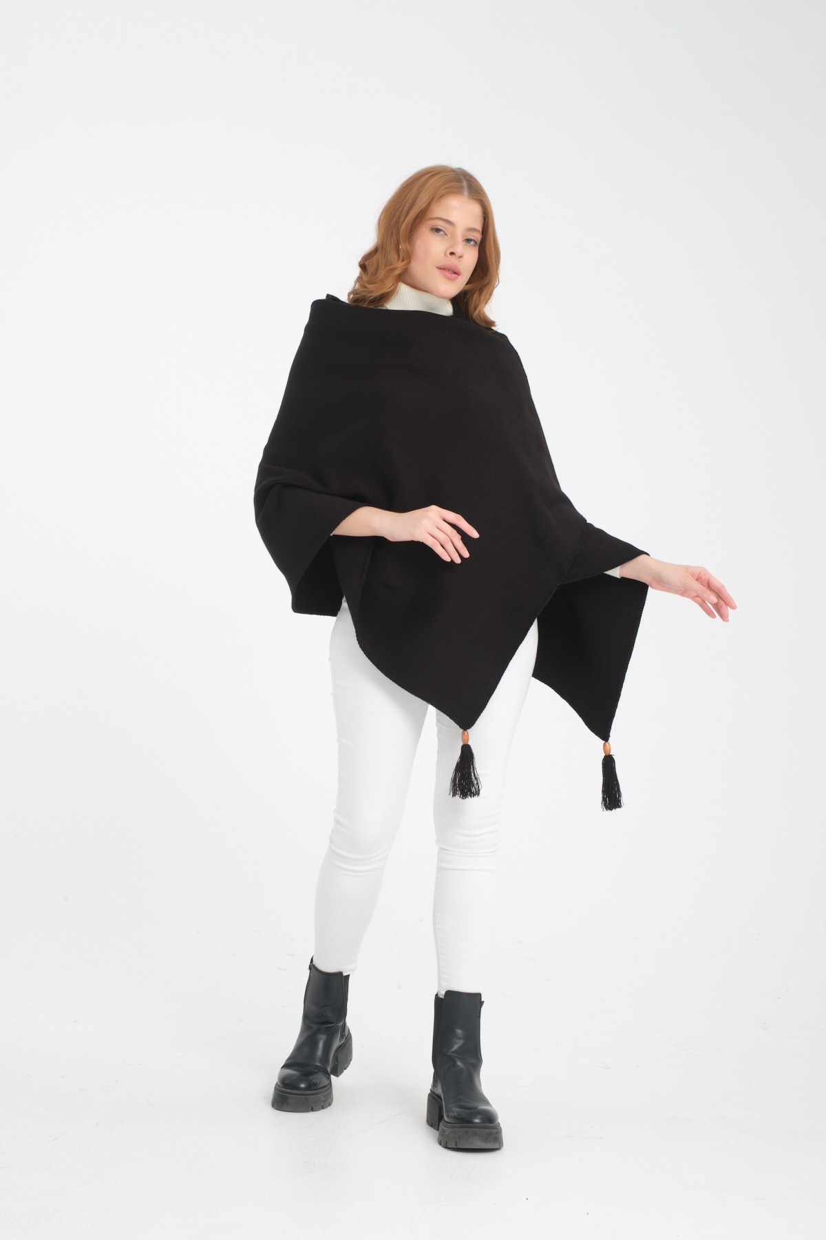 T-Crazy Knitwear Kenarları Dikişli Düz Renk Püsküllü Kışlık Triko Şal, Triko Örme Omuz Şalı