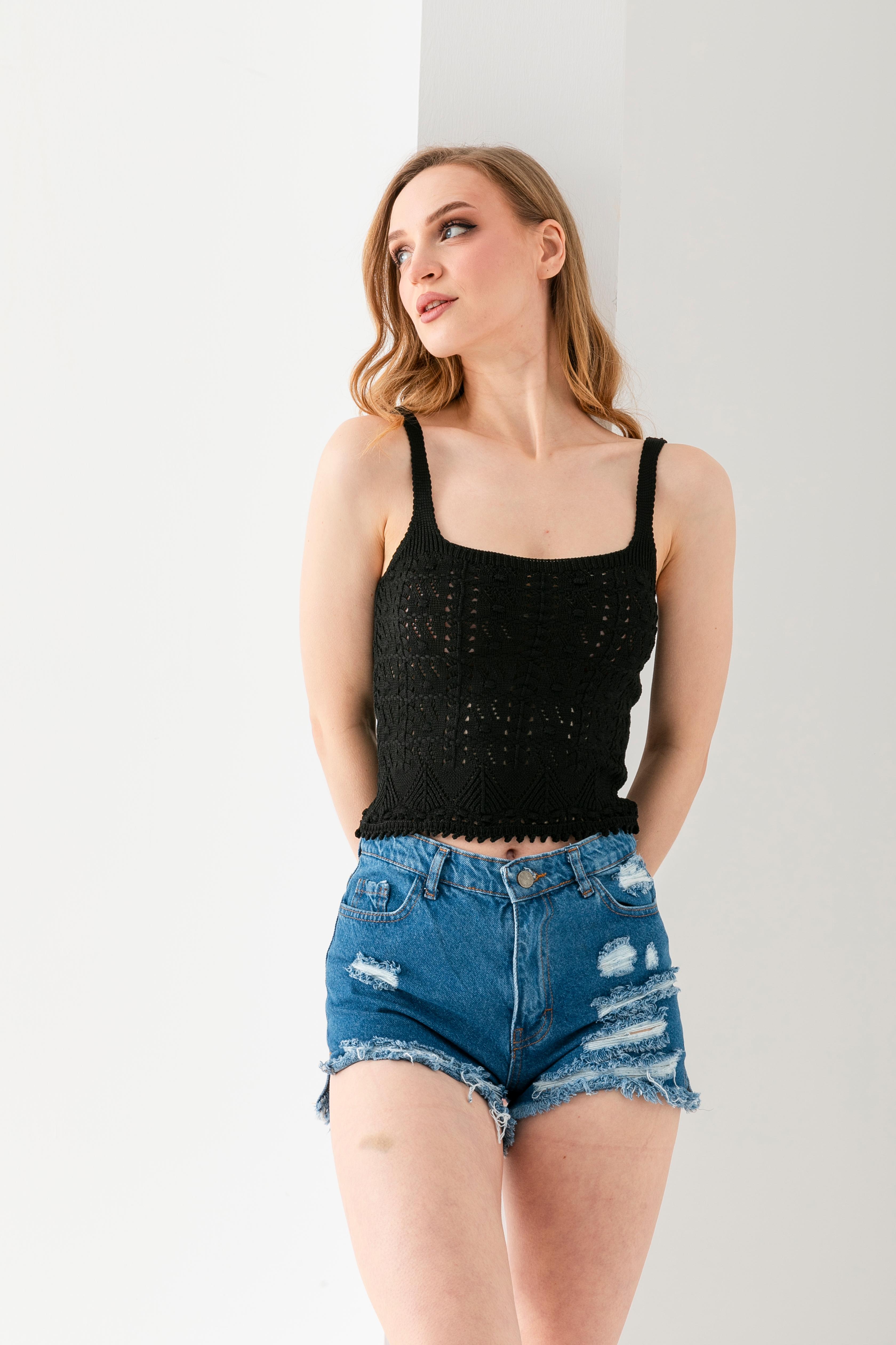 T-Crazy Vintage Desen Askılı Şık Crop, Nefes Alabilir Dokuma Crop, Kısa Dokuma Bluz, Triko Crop Top.