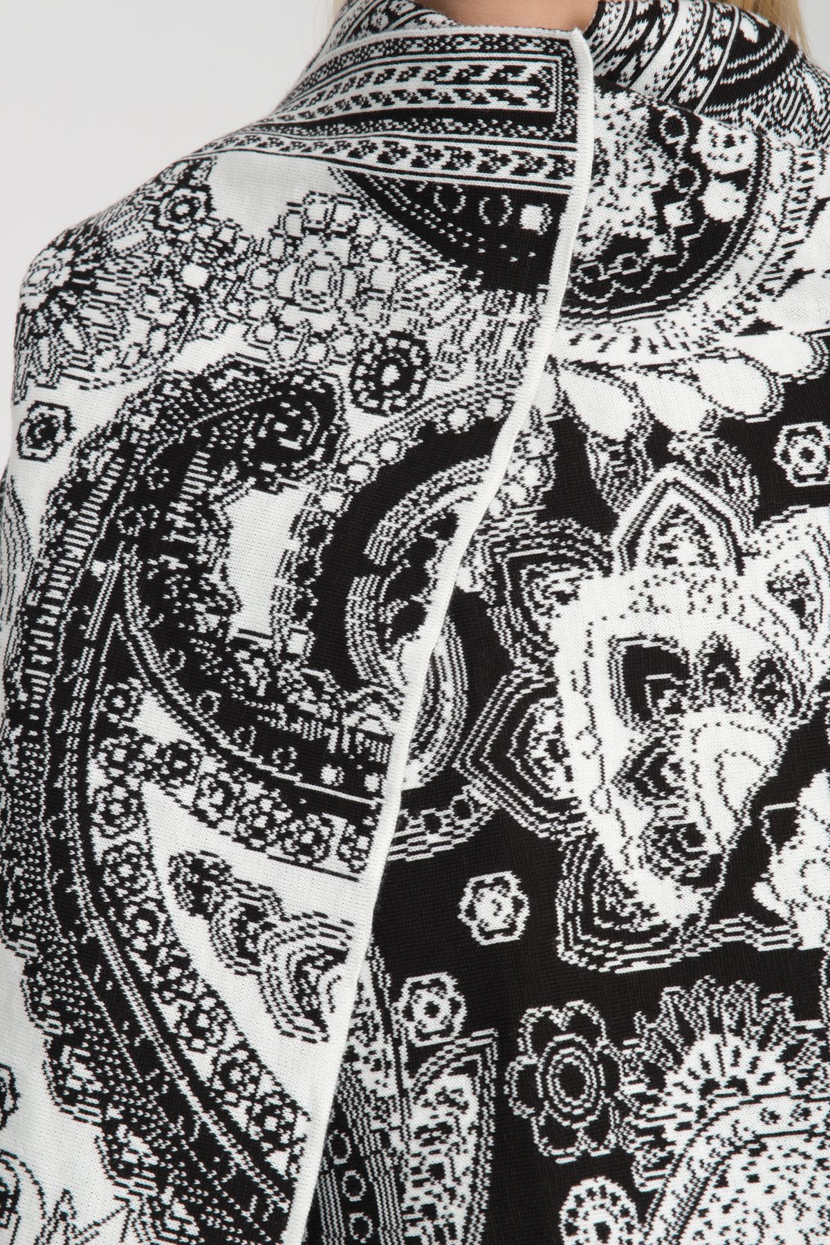 T-Crazy Knitwear Etnik Desen Kışlık Triko Şal, Çift Katlı ve Çift Taraflı Triko Örme Omuz Şalı