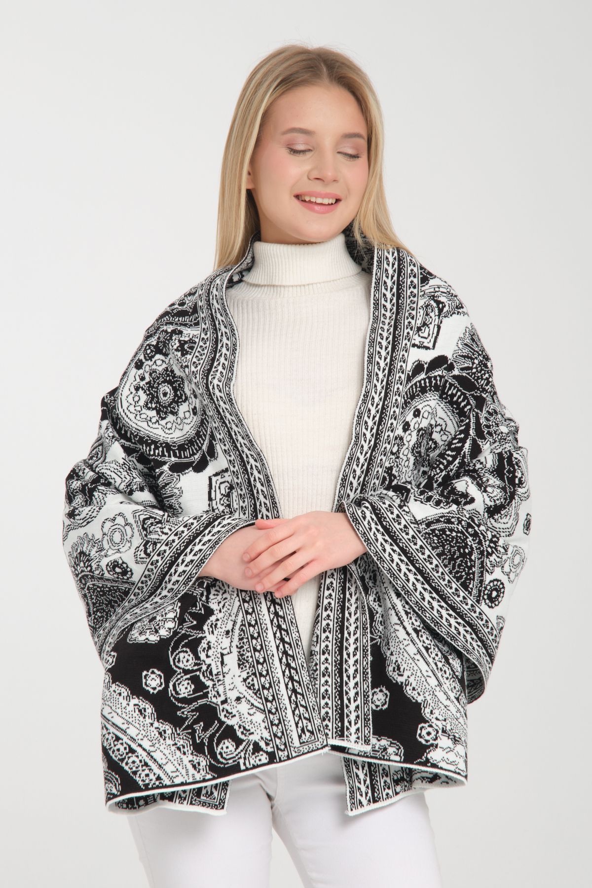 T-Crazy Knitwear Etnik Desen Kışlık Triko Şal, Çift Katlı ve Çift Taraflı Triko Örme Omuz Şalı