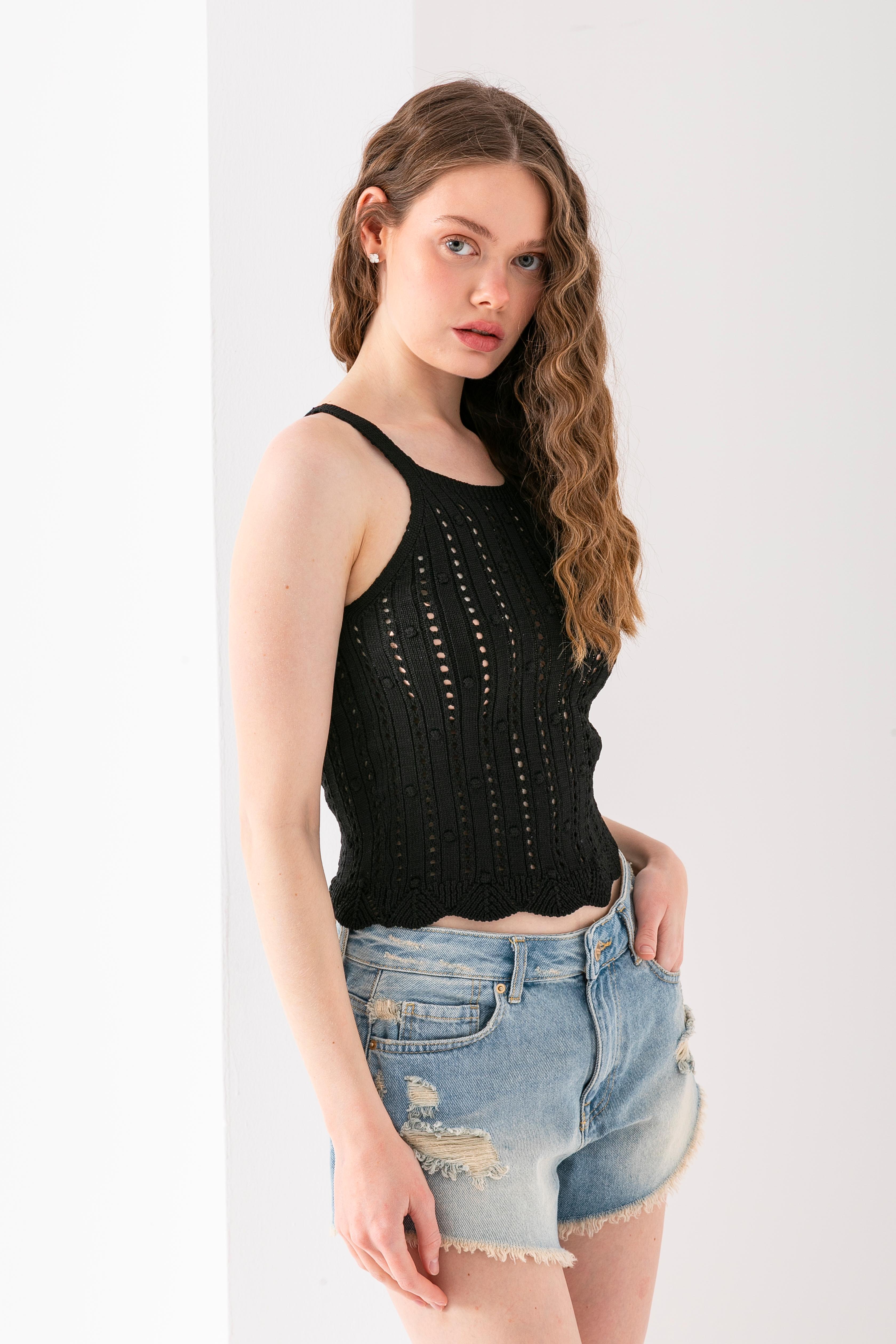 T-Crazy Halter Yaka ponpon Örgü Askılı Şık Crop, Nefes Alabilir Dokuma Crop, Kısa Dokuma Bluz, Triko Crop Top.