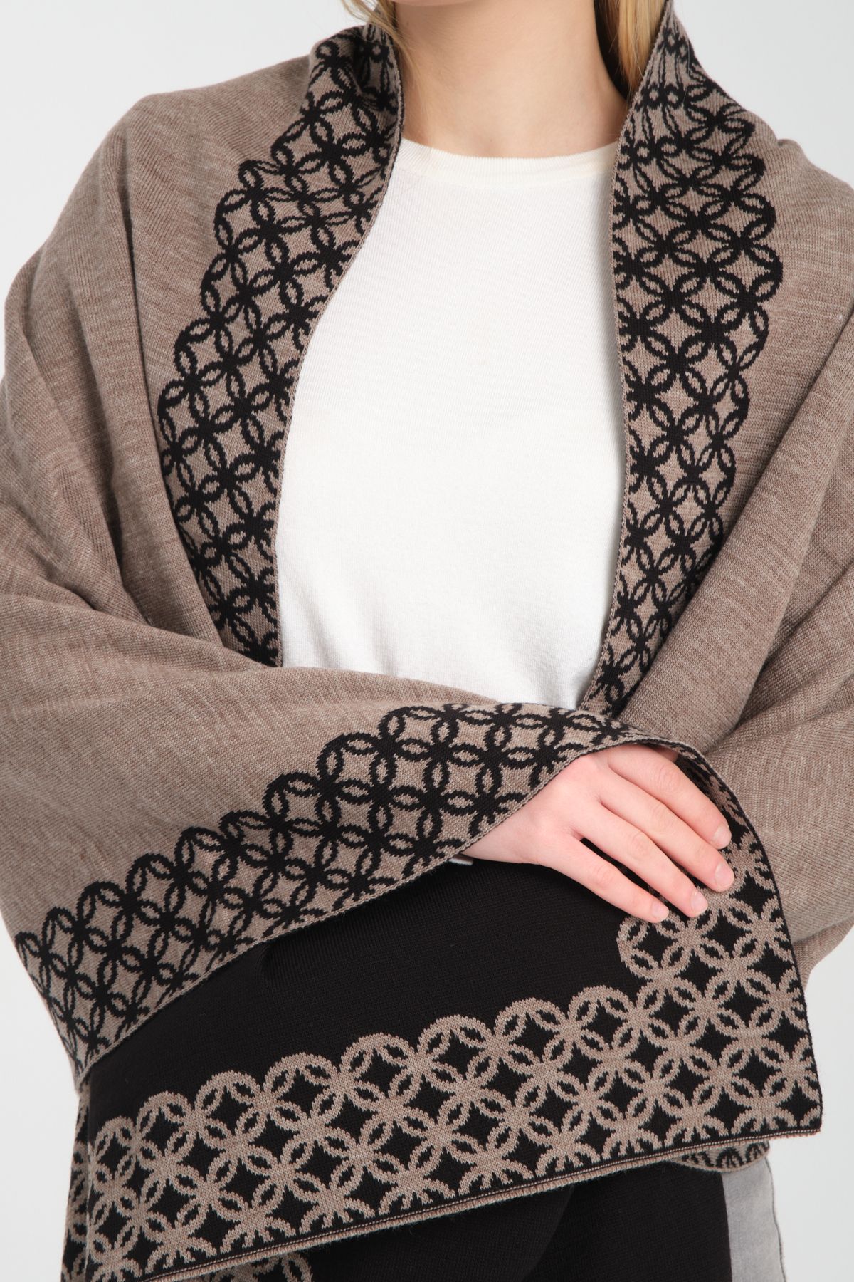 T-Crazy Knitwear Bohem Desen Kışlık Triko Şal, Çift Katlı ve Çift Taraflı Triko Örme Omuz Şalı