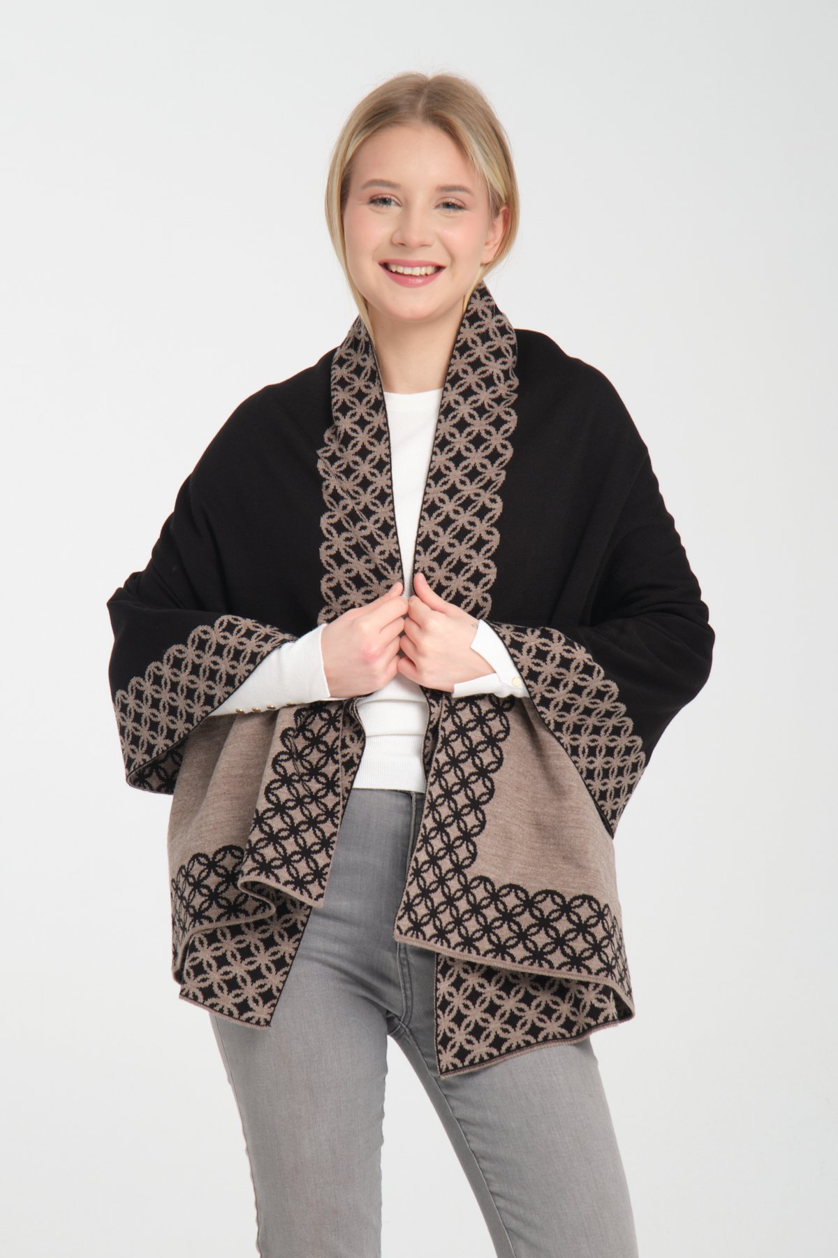 T-Crazy Knitwear Bohem Desen Kışlık Triko Şal, Çift Katlı ve Çift Taraflı Triko Örme Omuz Şalı