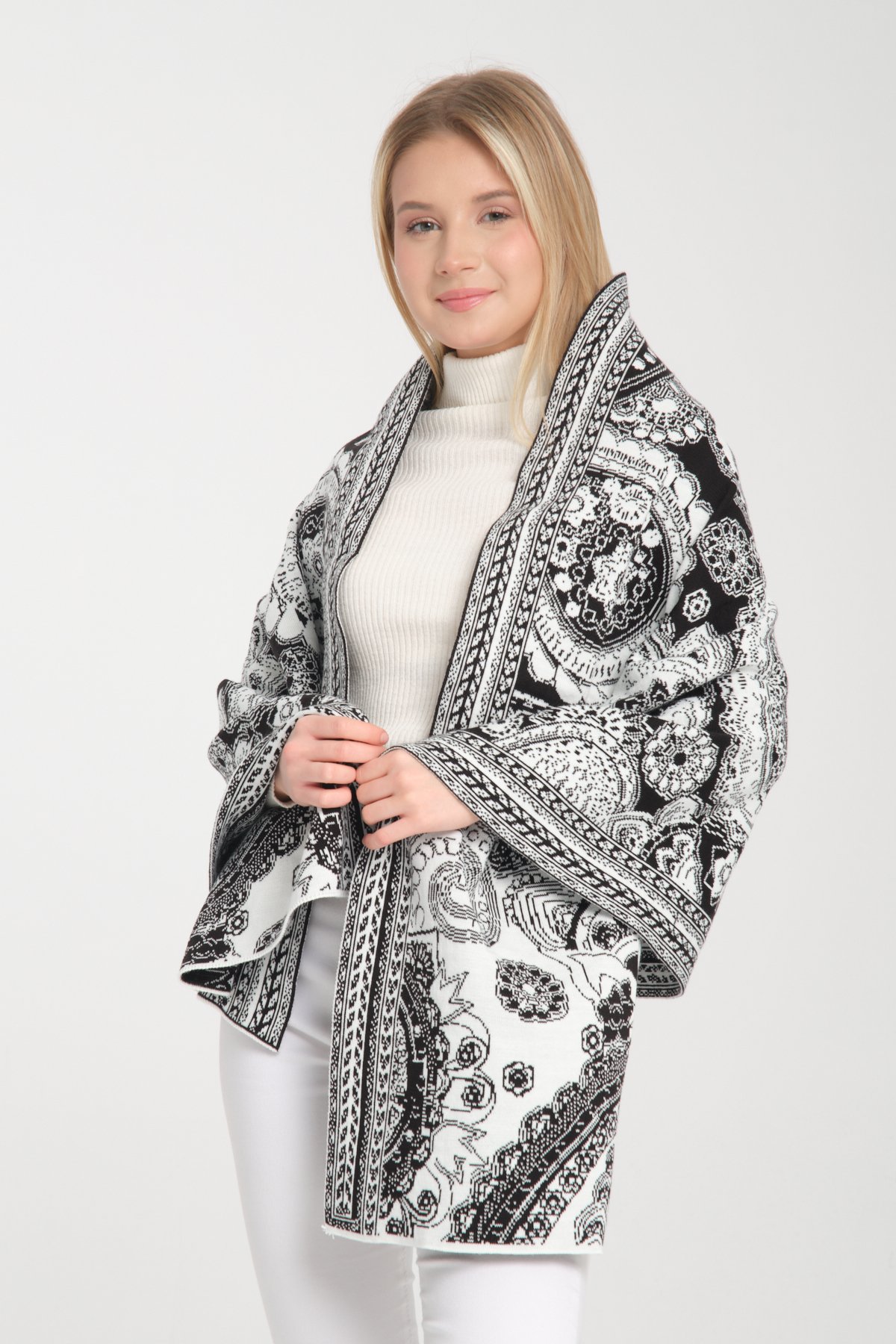 T-Crazy Knitwear Etnik Desen Kışlık Triko Şal, Çift Katlı ve Çift Taraflı Triko Örme Omuz Şalı