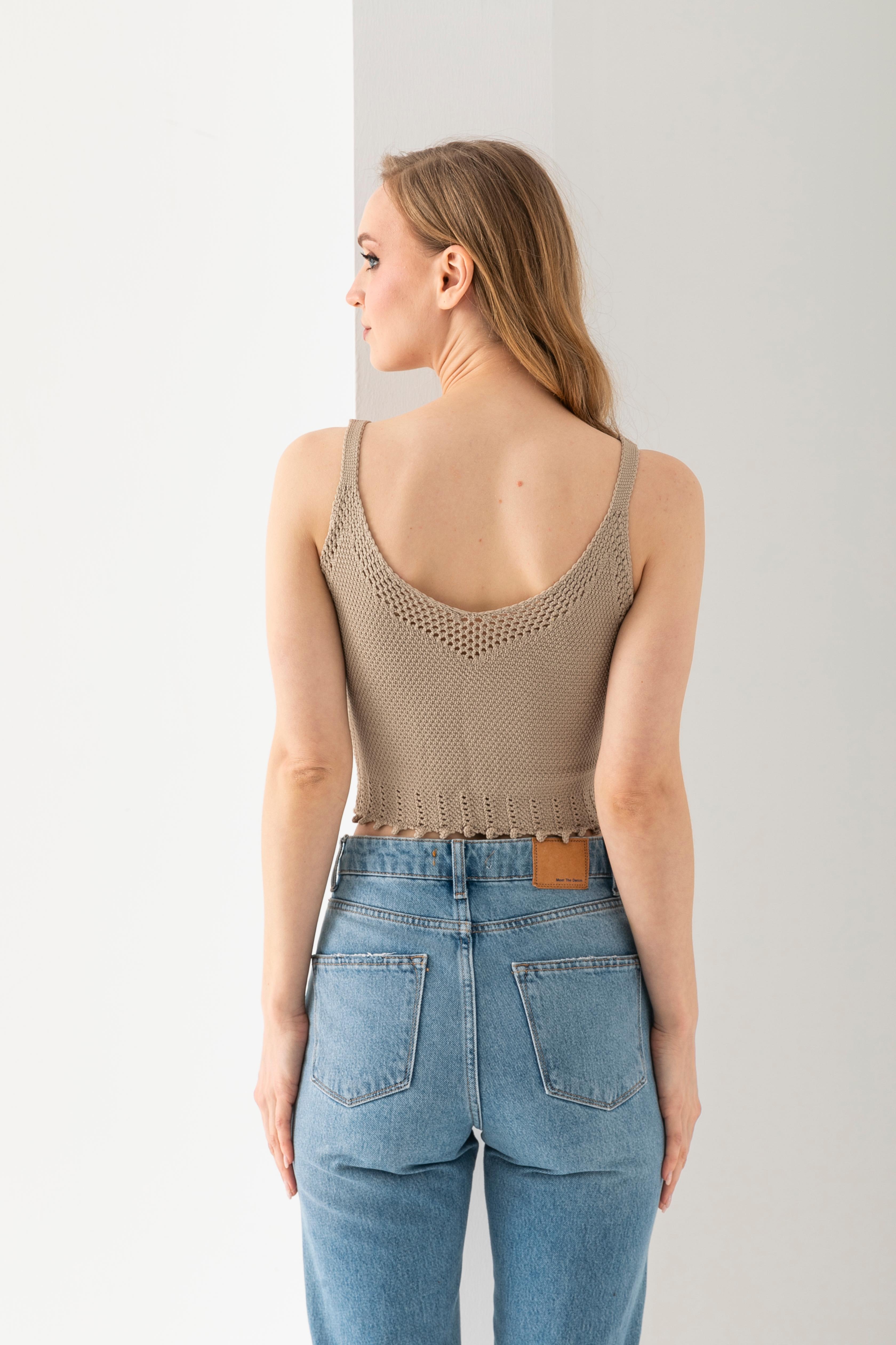 T-Crazy Düz Renk Askılı Şık Crop, Nefes Alabilir Dokuma Crop, Kısa Dokuma Bluz, Triko Crop Top.