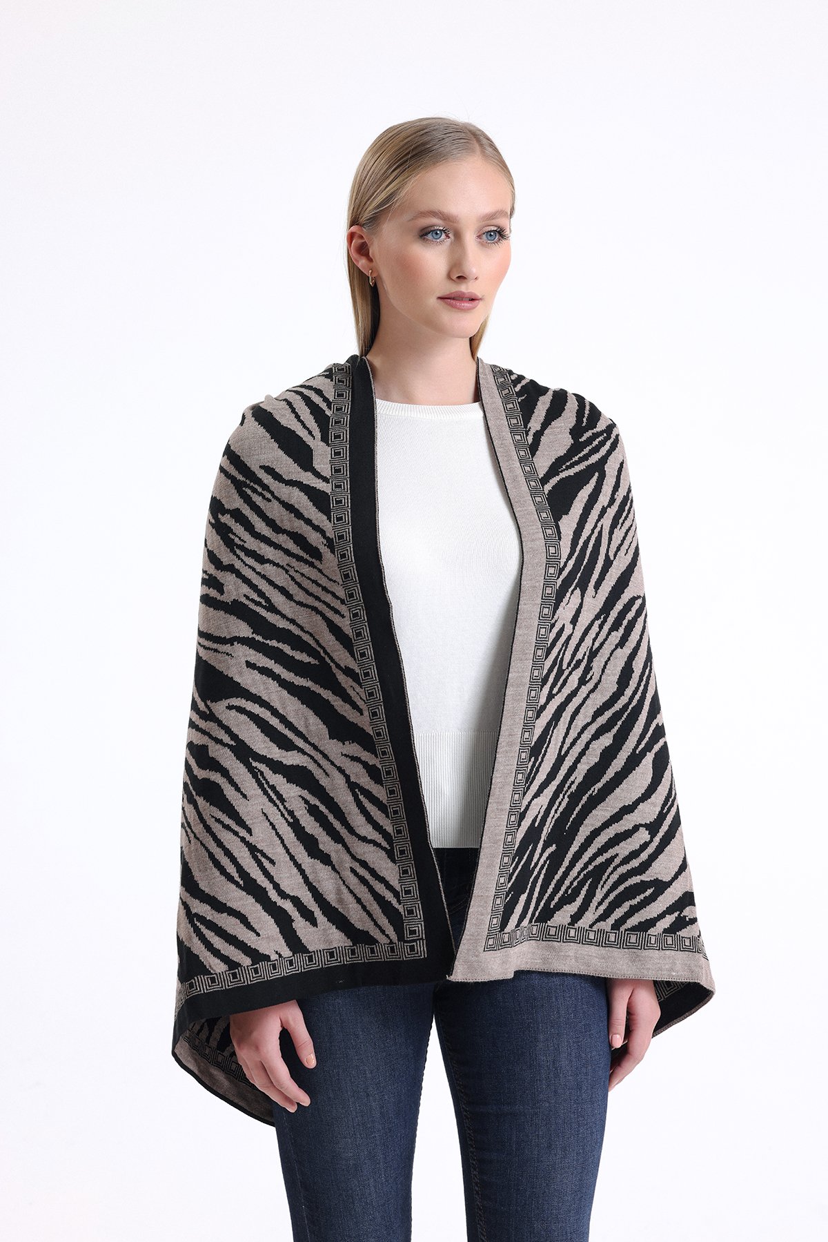 T-Crazy Knitwear Zebra Desen Kışlık Triko Şal, Çift Katlı ve Çift Taraflı Triko Örme Omuz Şalı