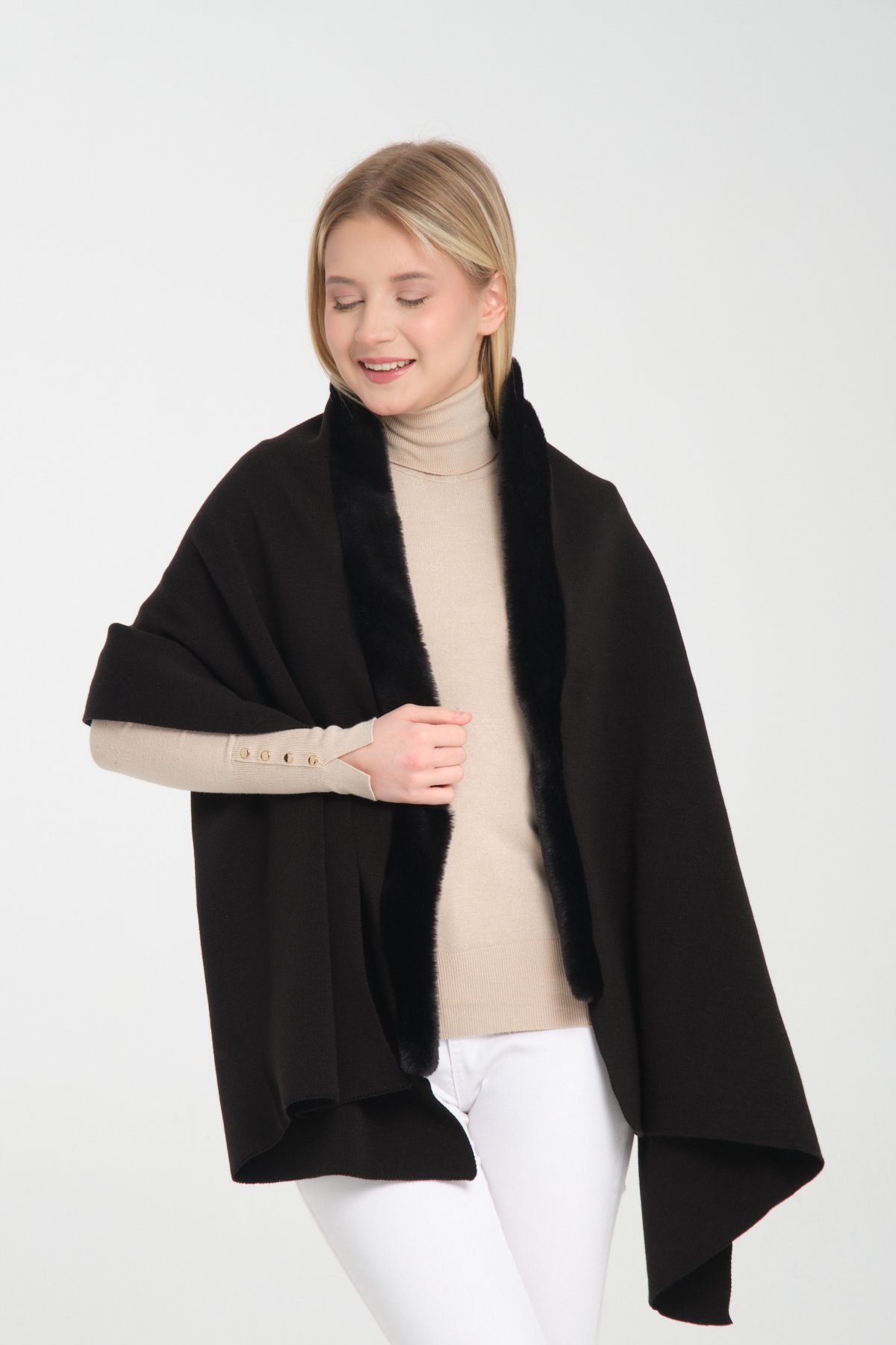 T- Crazy Knitwear Kürk Detaylı Düz Renk Triko Omuz Şalı, Kışlık Yumuşak Dokulu Triko Örme Omuz Şalı