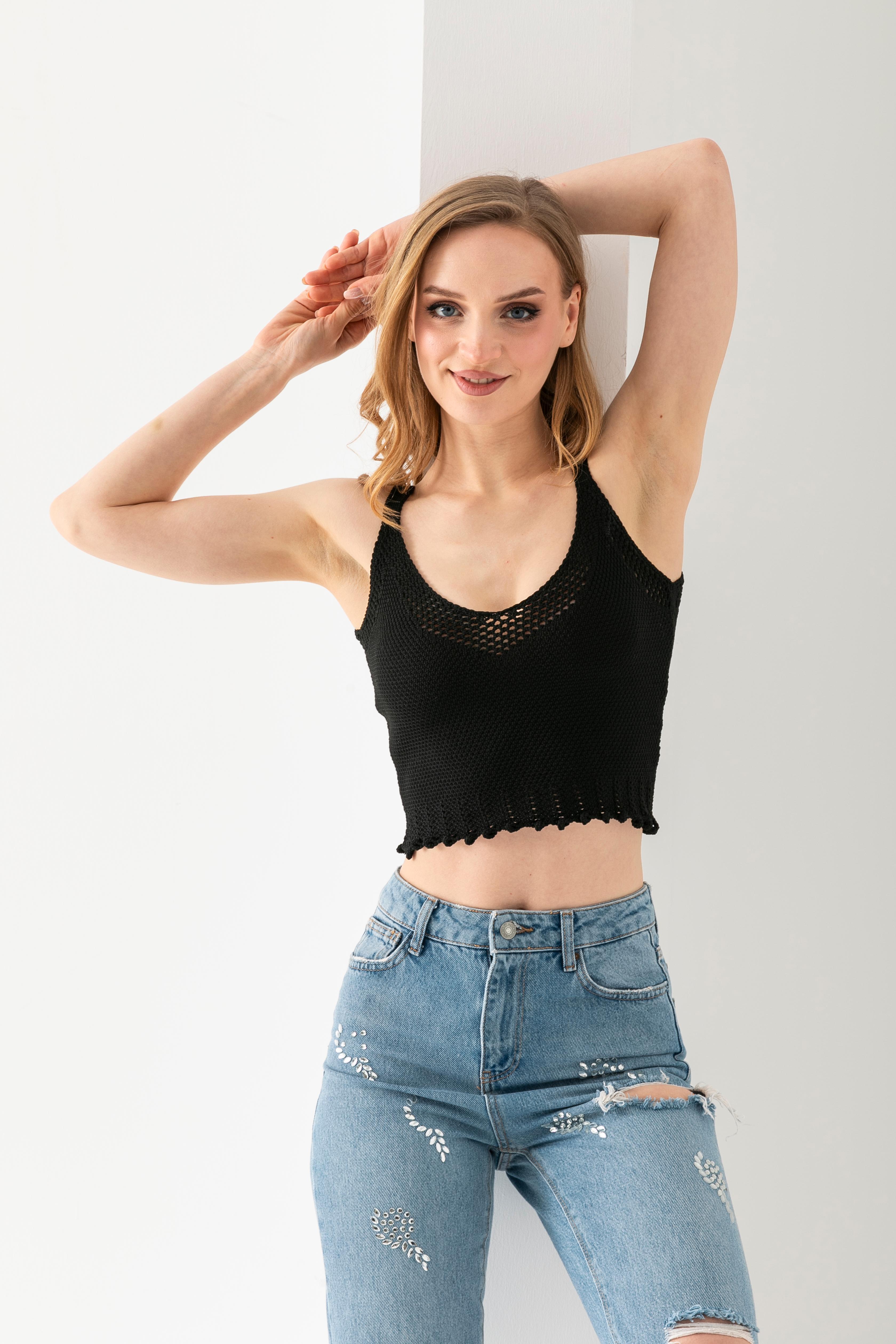 T-Crazy Düz Renk Askılı Şık Crop, Nefes Alabilir Dokuma Crop, Kısa Dokuma Bluz, Triko Crop Top.