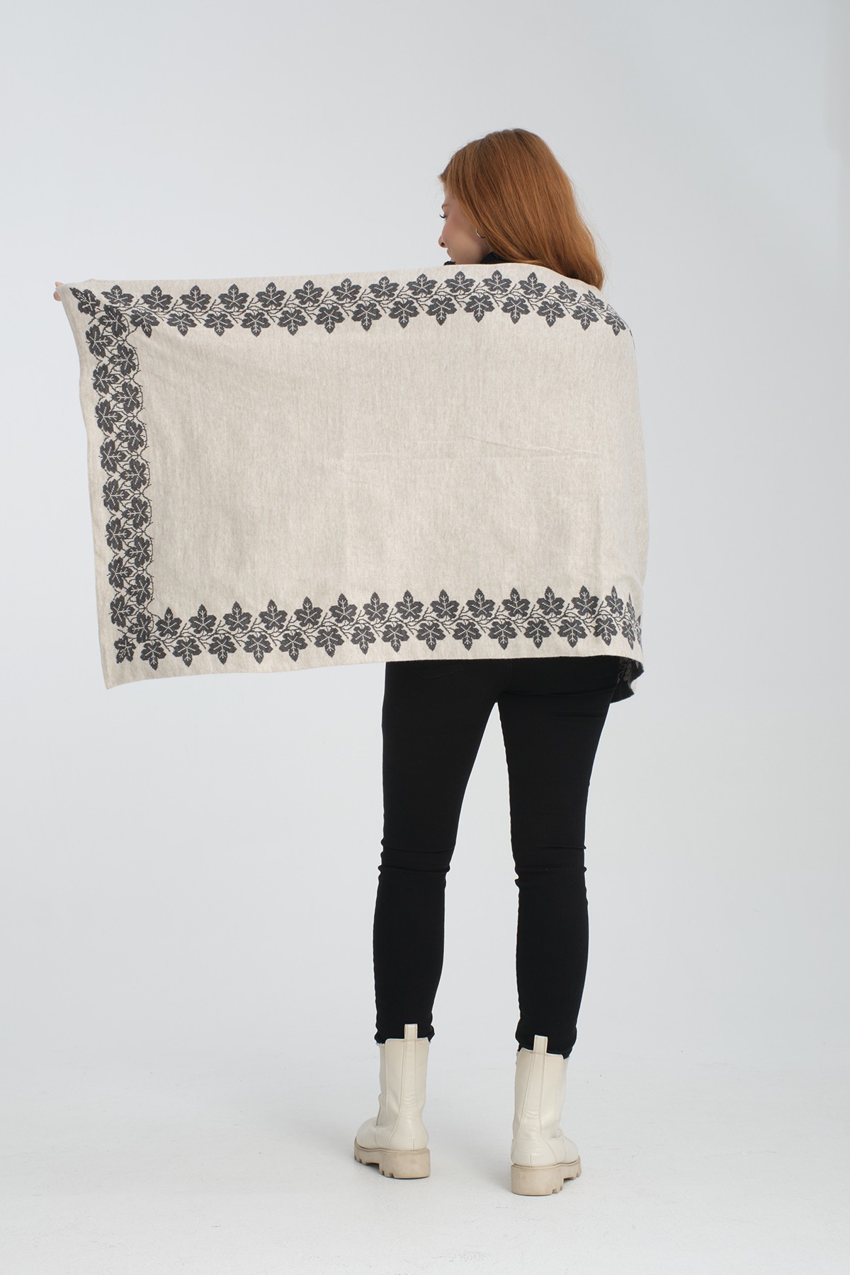 T-Crazy Knitwear Sarmaşık Desen Kışlık Triko Şal, Çift Katlı ve Çift Taraflı Triko Örme Omuz Şalı