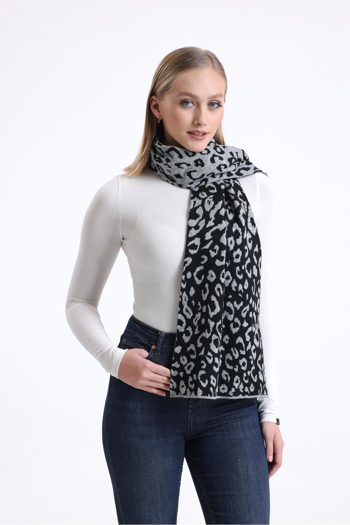 T-Crazy Knitwear Leopar Çift Yüzlü Atkı, Kışlık Yumuşak Dokulu Kaşkol, Triko Örme Atkı