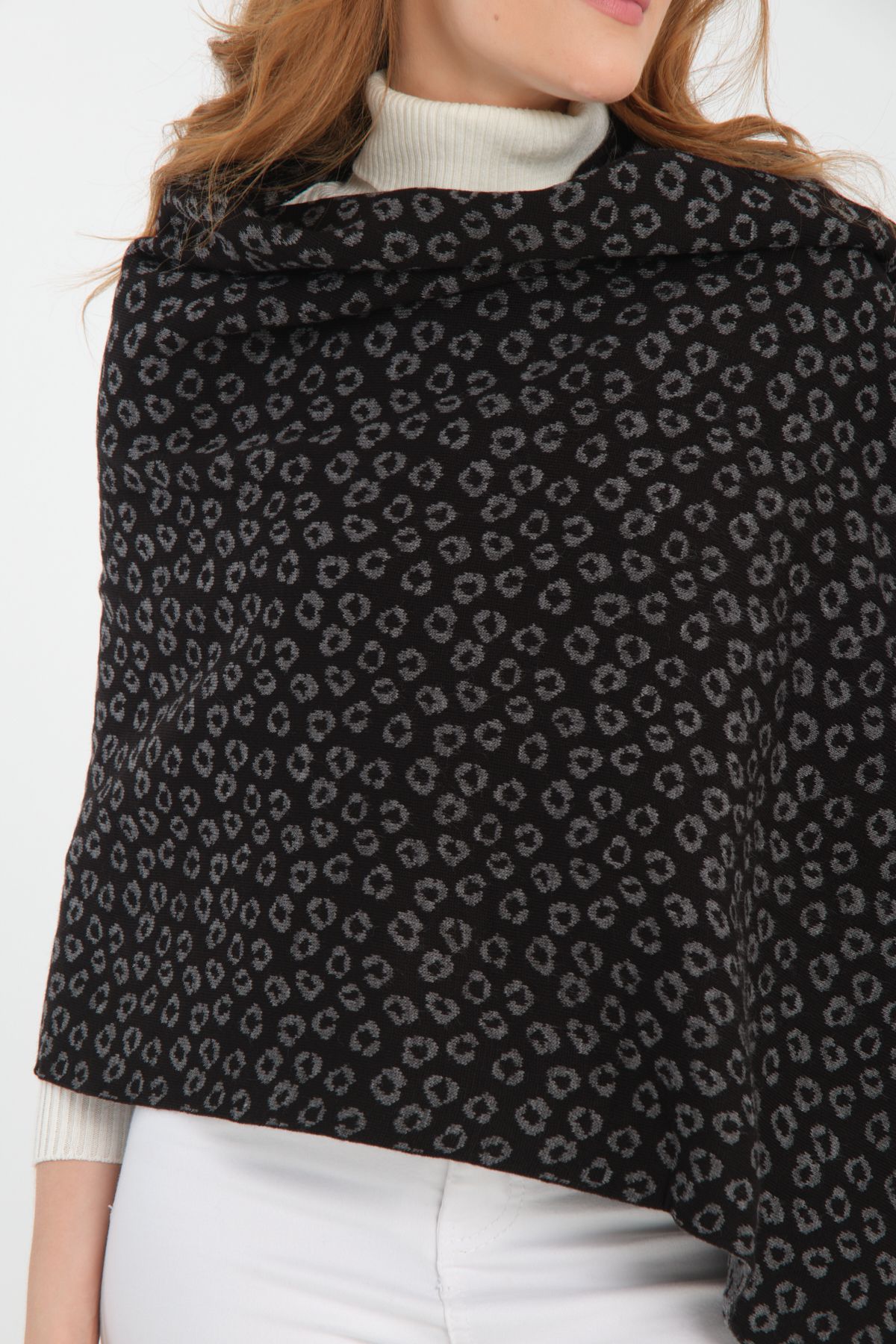 T-Crazy Knitwear Leopar Desen Kışlık Triko Şal, Çift Katlı ve Çift Taraflı Triko Örme Omuz Şalı