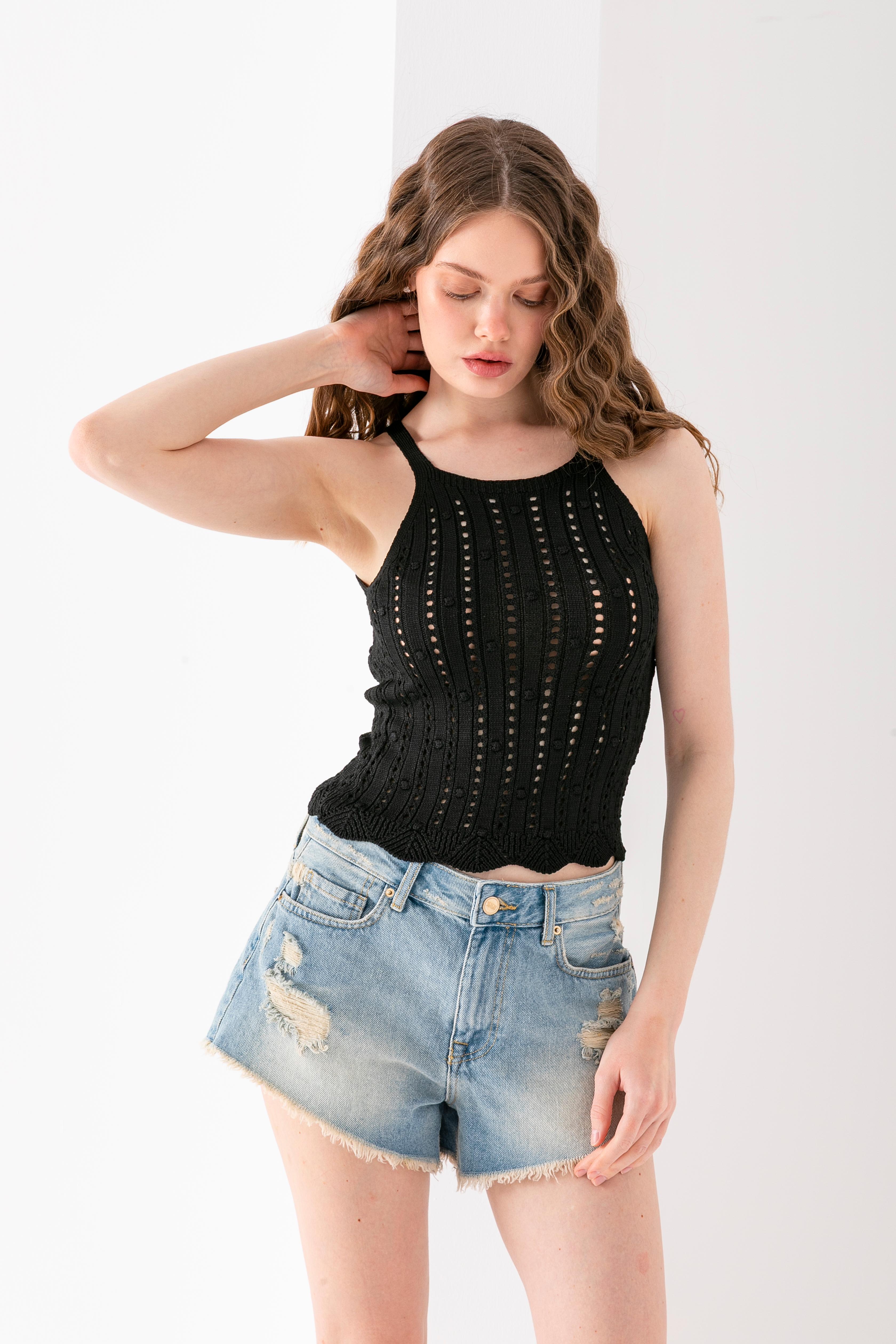 T-Crazy Halter Yaka ponpon Örgü Askılı Şık Crop, Nefes Alabilir Dokuma Crop, Kısa Dokuma Bluz, Triko Crop Top.
