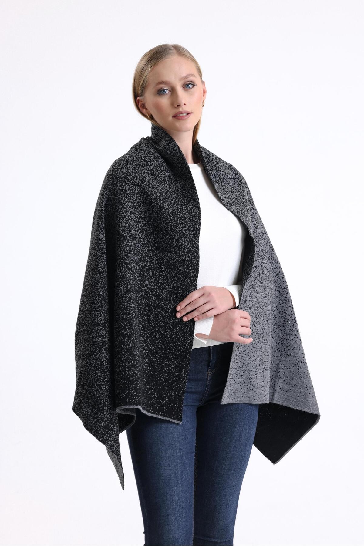 T-Crazy Knitwear Degrade Desen Çift Katlı ve Çift Yüzlü Triko Örme Omuz Şalı