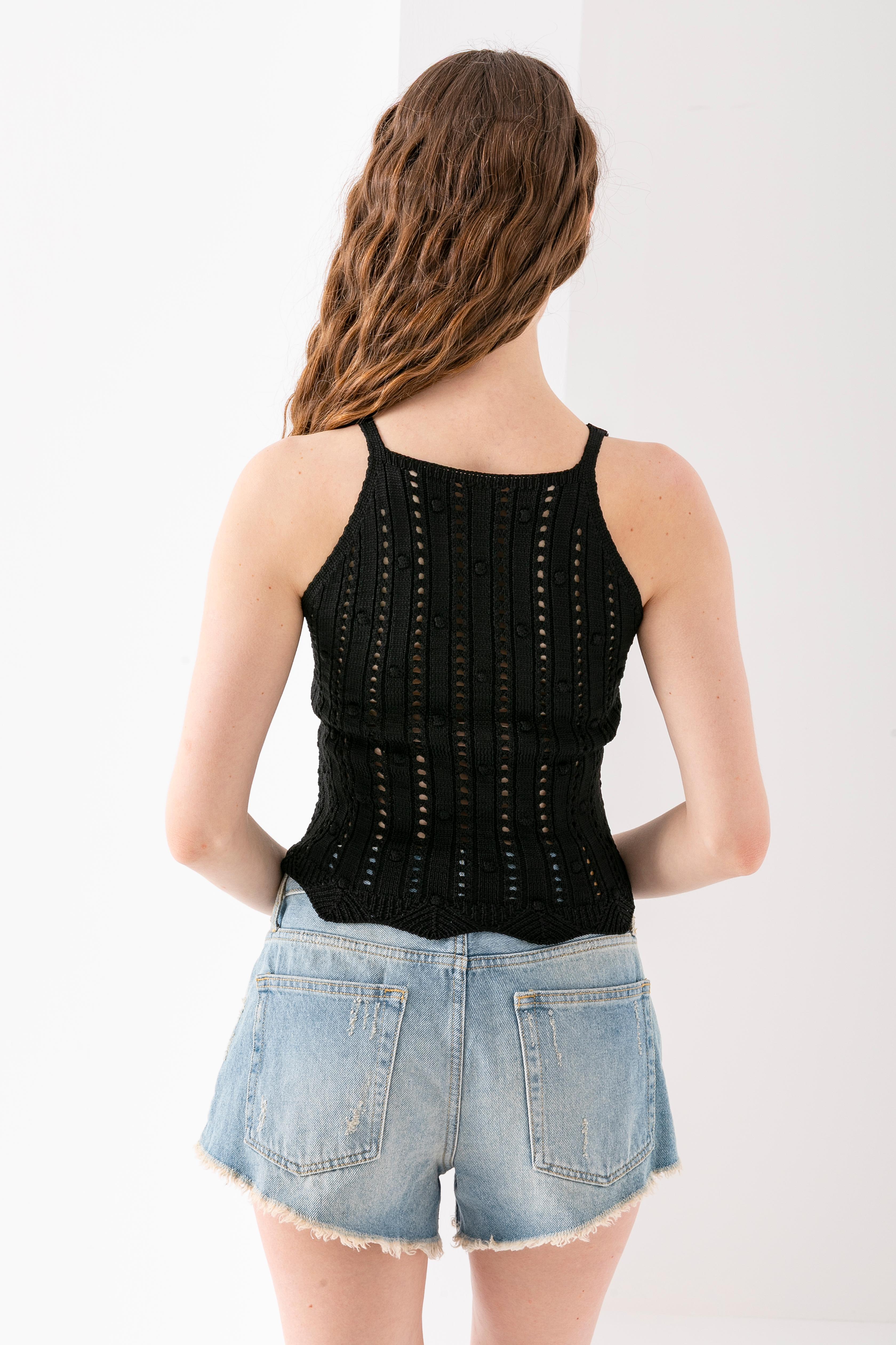 T-Crazy Halter Yaka ponpon Örgü Askılı Şık Crop, Nefes Alabilir Dokuma Crop, Kısa Dokuma Bluz, Triko Crop Top.