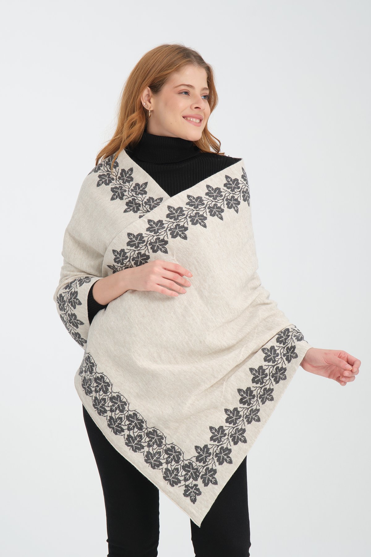 T-Crazy Knitwear Sarmaşık Desen Kışlık Triko Şal, Çift Katlı ve Çift Taraflı Triko Örme Omuz Şalı
