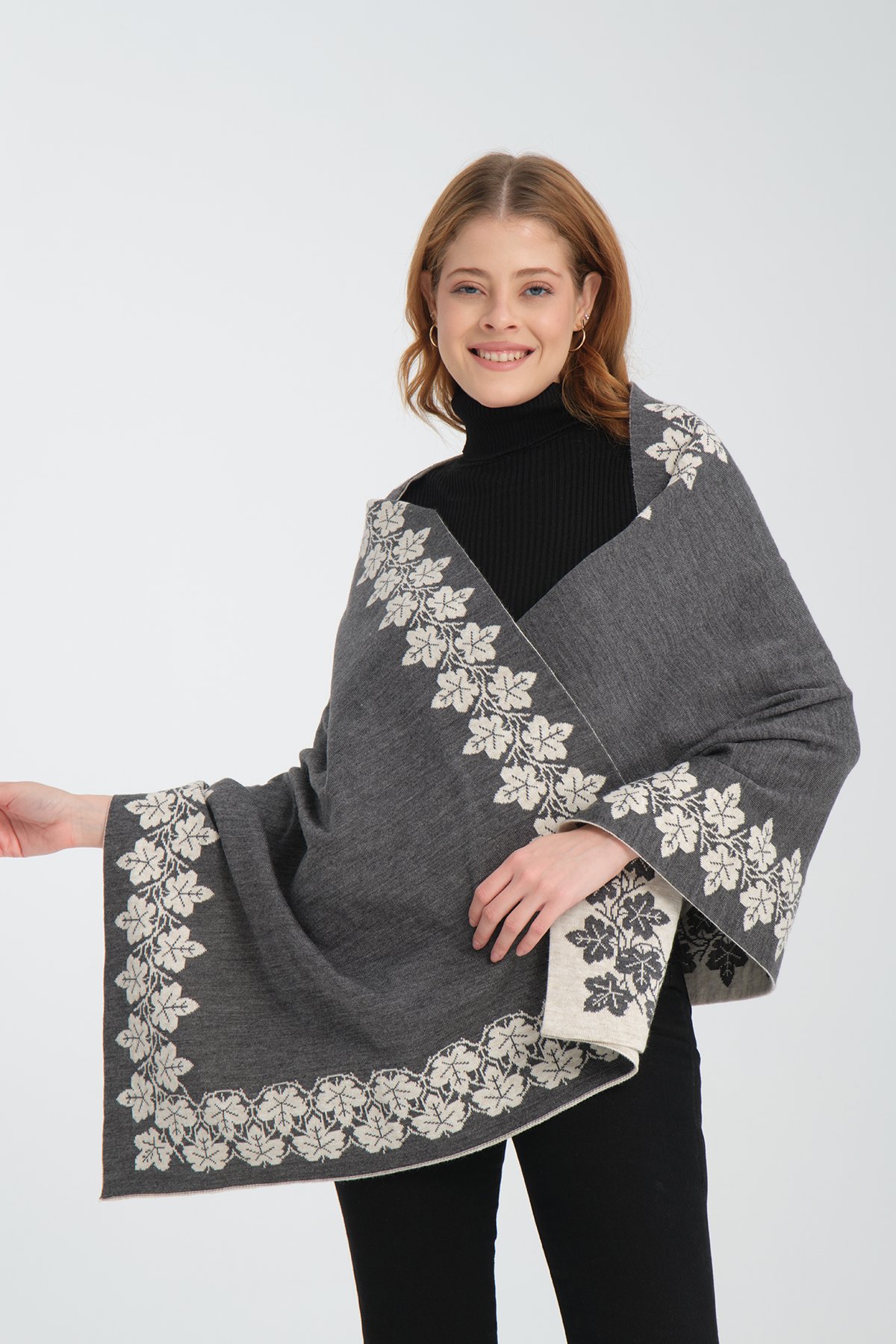 T-Crazy Knitwear Sarmaşık Desen Kışlık Triko Şal, Çift Katlı ve Çift Taraflı Triko Örme Omuz Şalı