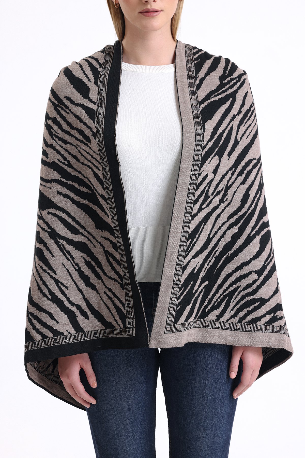 T-Crazy Knitwear Zebra Desen Kışlık Triko Şal, Çift Katlı ve Çift Taraflı Triko Örme Omuz Şalı