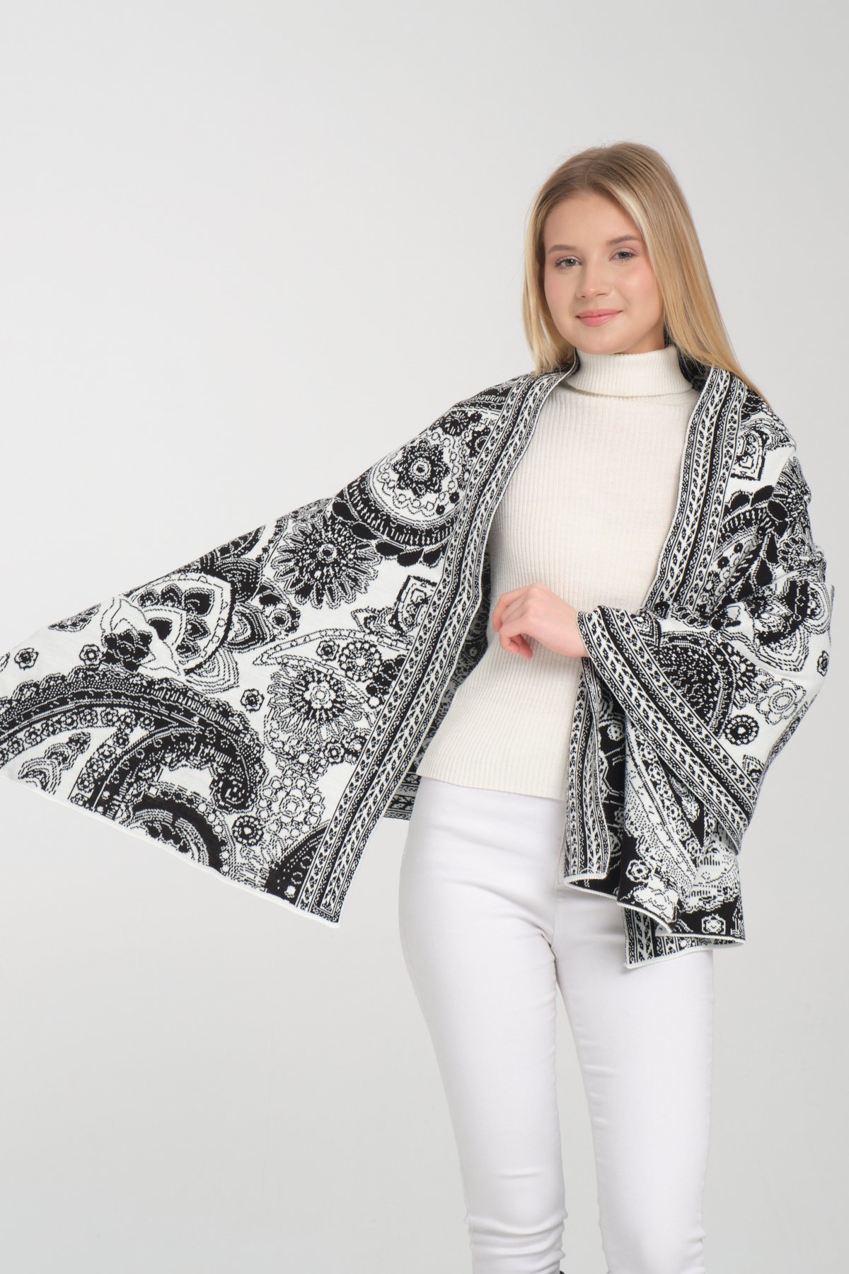 T-Crazy Knitwear Etnik Desen Kışlık Triko Şal, Çift Katlı ve Çift Taraflı Triko Örme Omuz Şalı