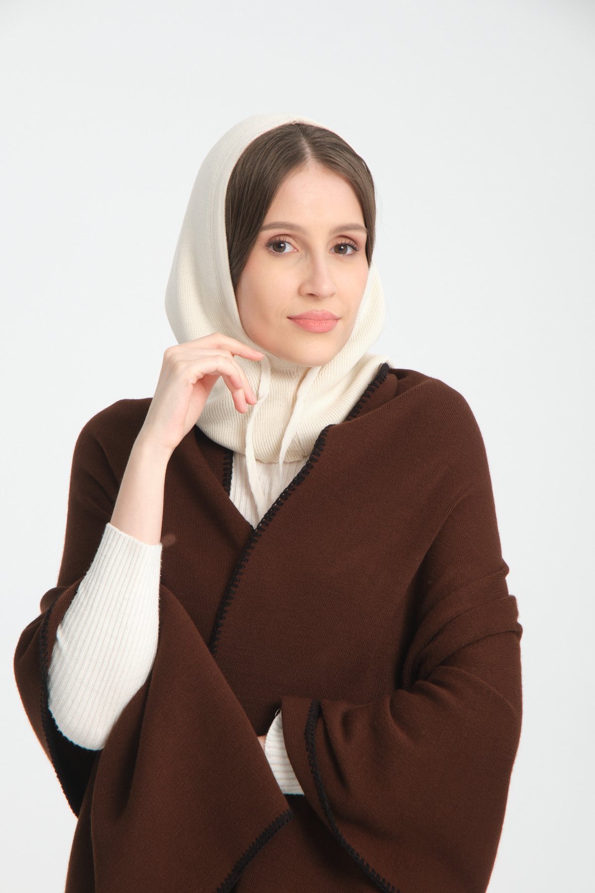 T-Crazy Knitwear İnce Dokuma Balaclava Fitilli Triko Örgü Kapüşonlu Bere, Tesettür Bere, Triko Başlık, Balaklava - Bej
