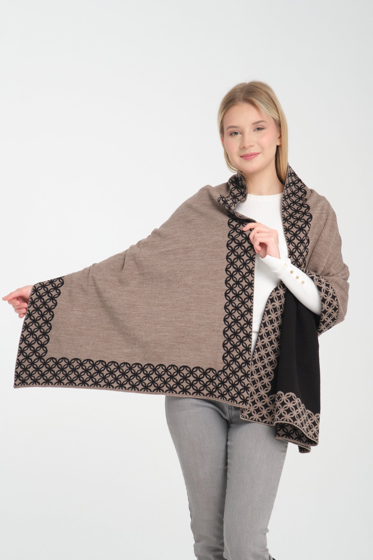 T-Crazy Knitwear Bohem Desen Kışlık Triko Şal, Çift Katlı ve Çift Taraflı Triko Örme Omuz Şalı